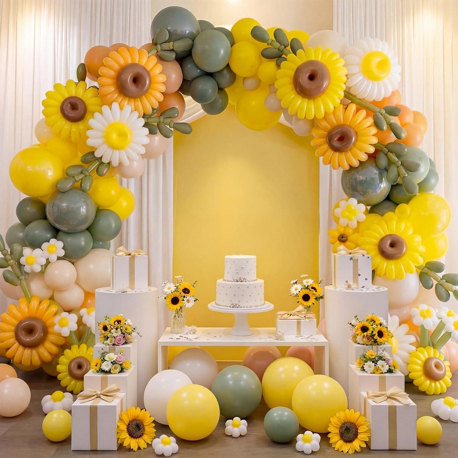 Sunflower Balloon Garland Arch Kit 256Pcs Yellow and Coffee Brown and Sage Green Latex Balloons with Balloon Chain Knotter for Sunflower Birthday Wedding Baby Shower Party Decorations Supplies