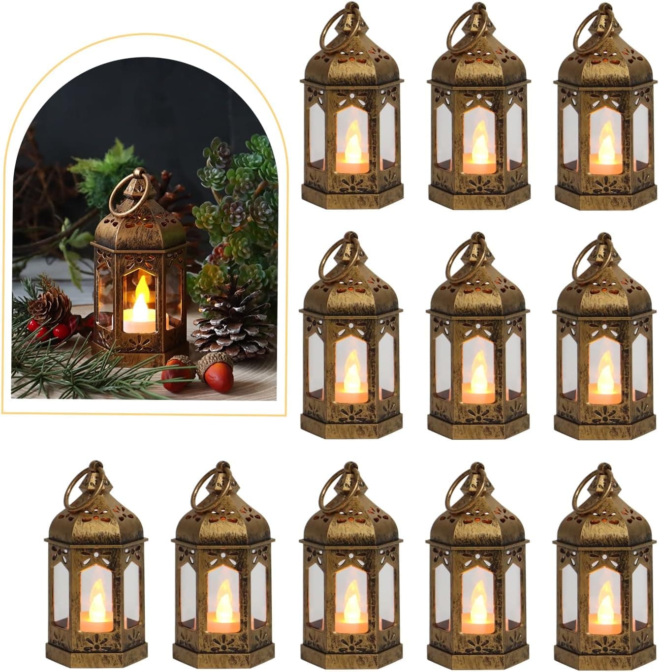 8Pcs Mini LED Tealight Lanterns - Vintage Brown Decorative Hanging Candle Lights for Halloween, Christmas & Wedding Centerpieces