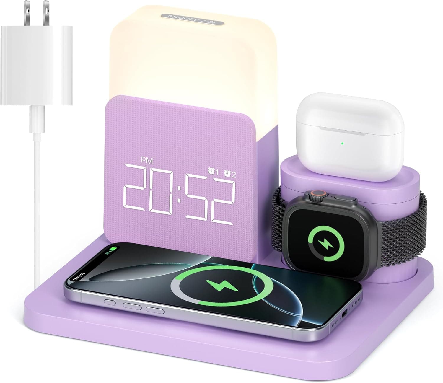 7 in 1 Charging Station for iPhone, Wireless Charging Station, Alarm Clock, Night Light, Wireless Charger for iPhone 17 16 15 14 13 12 Pro Max & Apple Watch - Charging Stand Dock for AirPods(Purple) - image 1