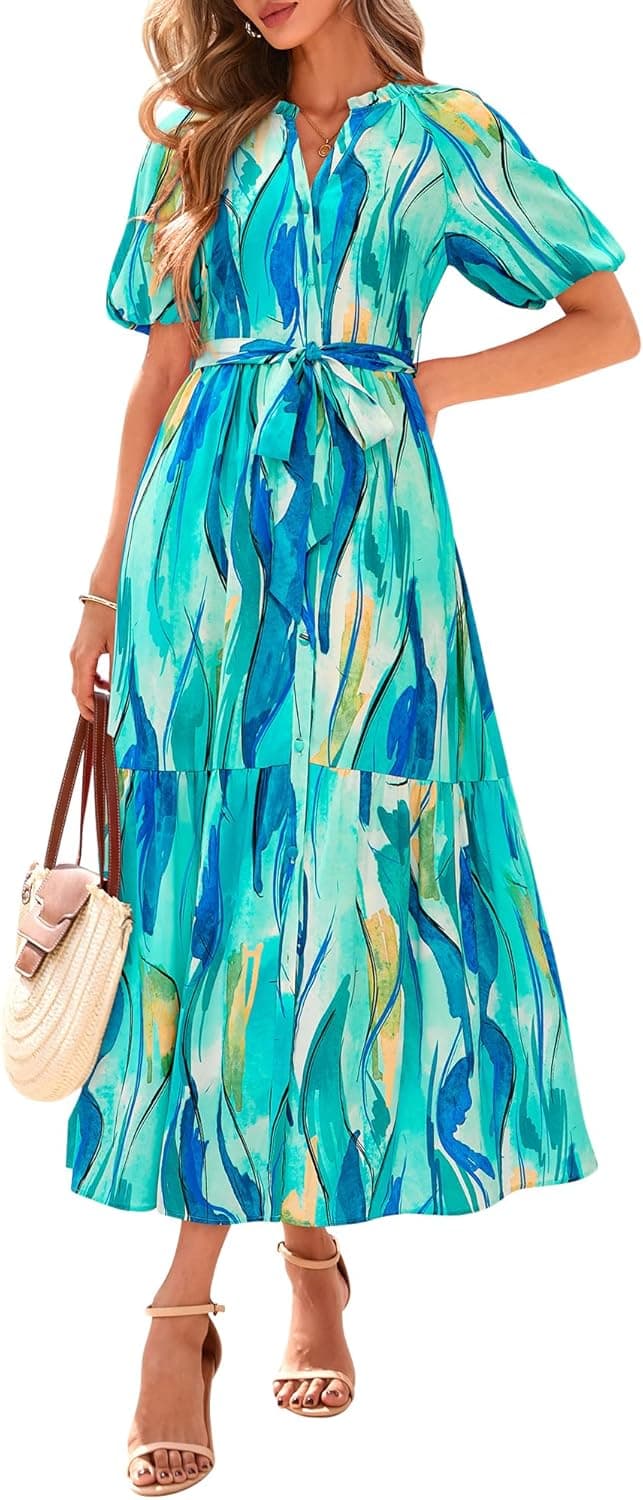 BTFBM Summer Dresses for Women 2026 Boho Short Sleeve V Neck Button Belt Flowy Spring Clothes Beach Vacation Maxi Dress