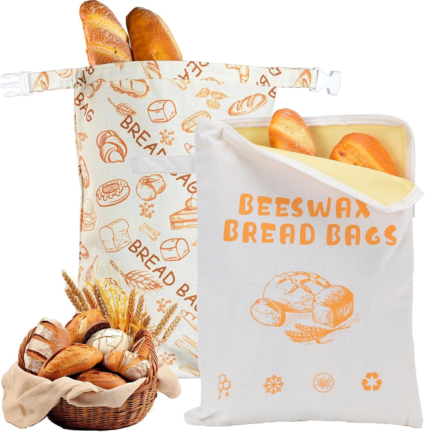 2 Pack Reusable Beeswax Bread Bags for Sourdough丨Buckle Bags&Zipper Bags丨17"×12" Natural Beeswax-Lined Cotton Storage Bags for homemade bread丨for sourdough storage&Freezer & Refrigerator - image 1