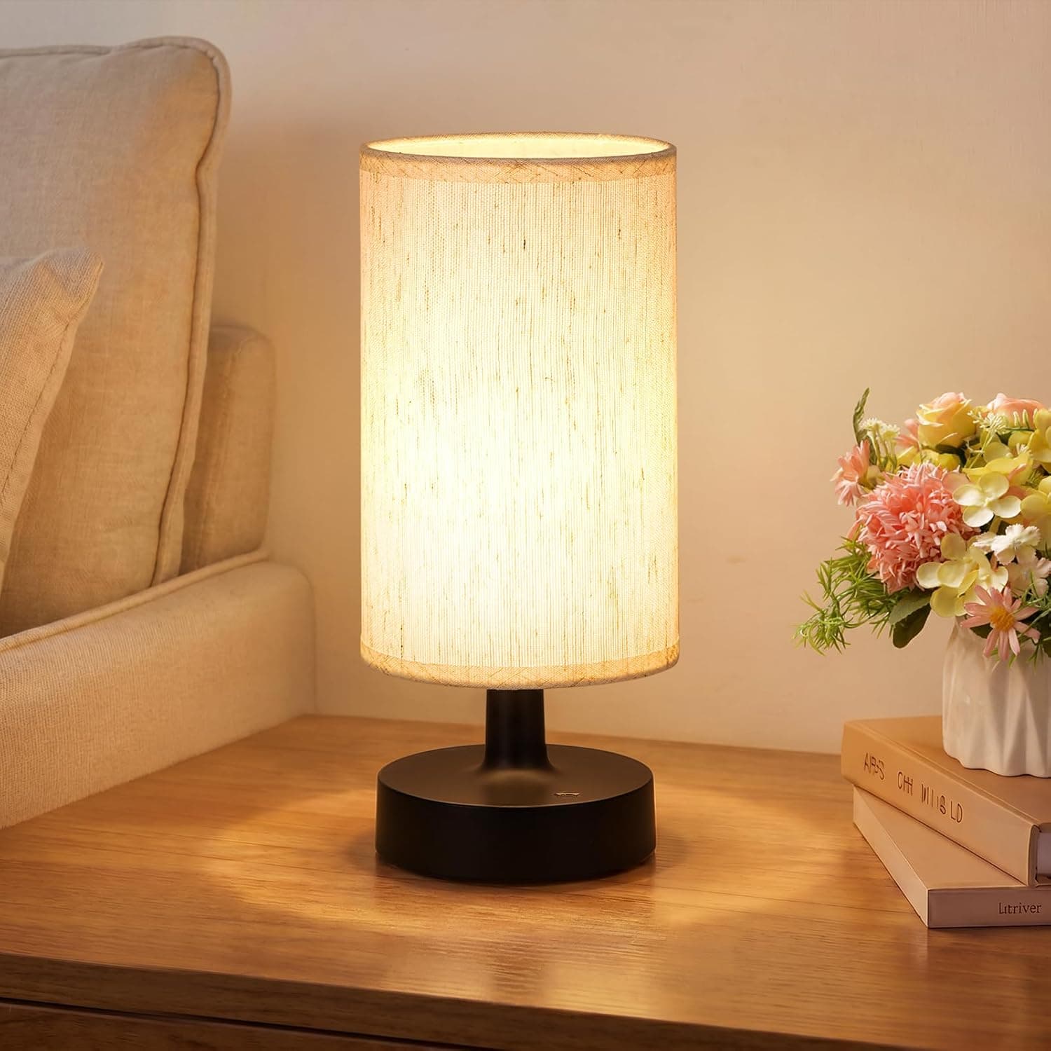 Kakanuo Cordless Table Lamp Rechargeable Small - 1 Pack Beige Black, 4000mAh Battery Operated Lamp with Touch Control Stepless Dimming, Wireless Lamp for Bedside, Nightstand, Bedroom, Living Room