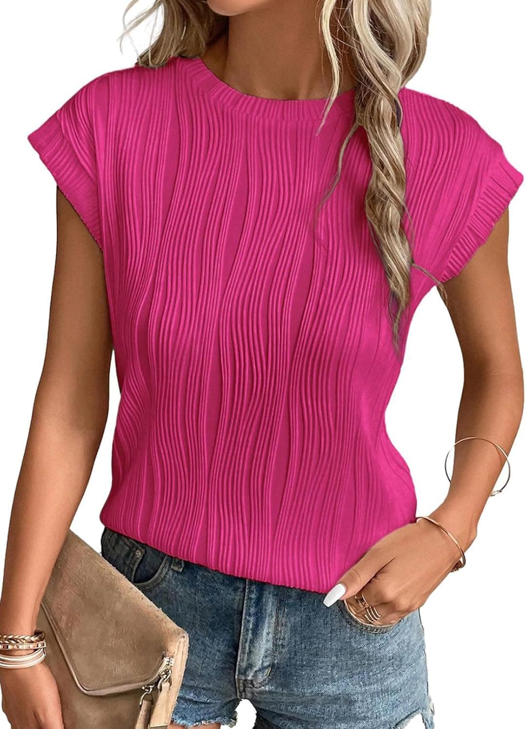 EVALESS Womens Short Sleeve Textured Tops Crewneck Knit Solid Loose Casual Basic T Shirts Tee Blouses - image 1