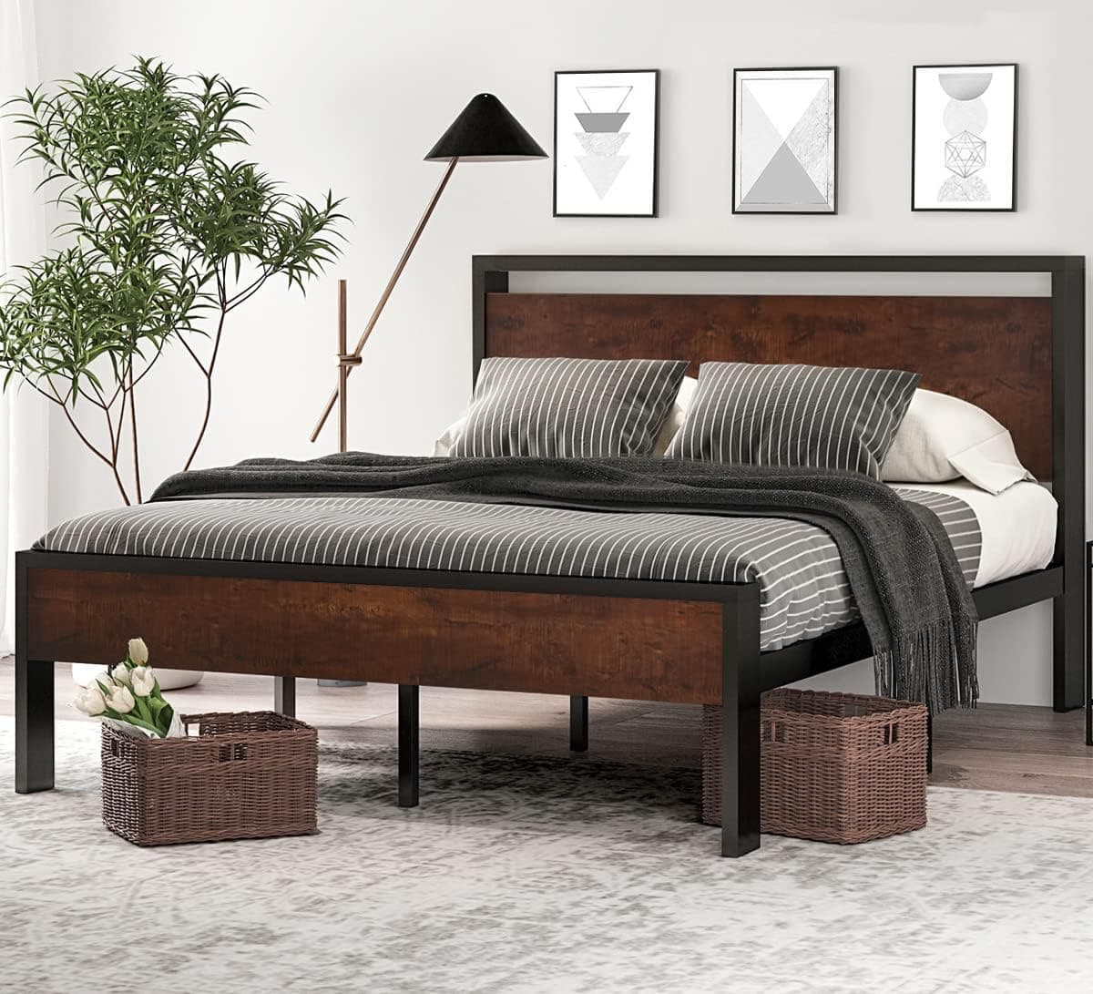 SHA CERLIN 14 Inch Queen Size Metal Platform Bed Frame with Wooden Headboard & Footboard - image 1