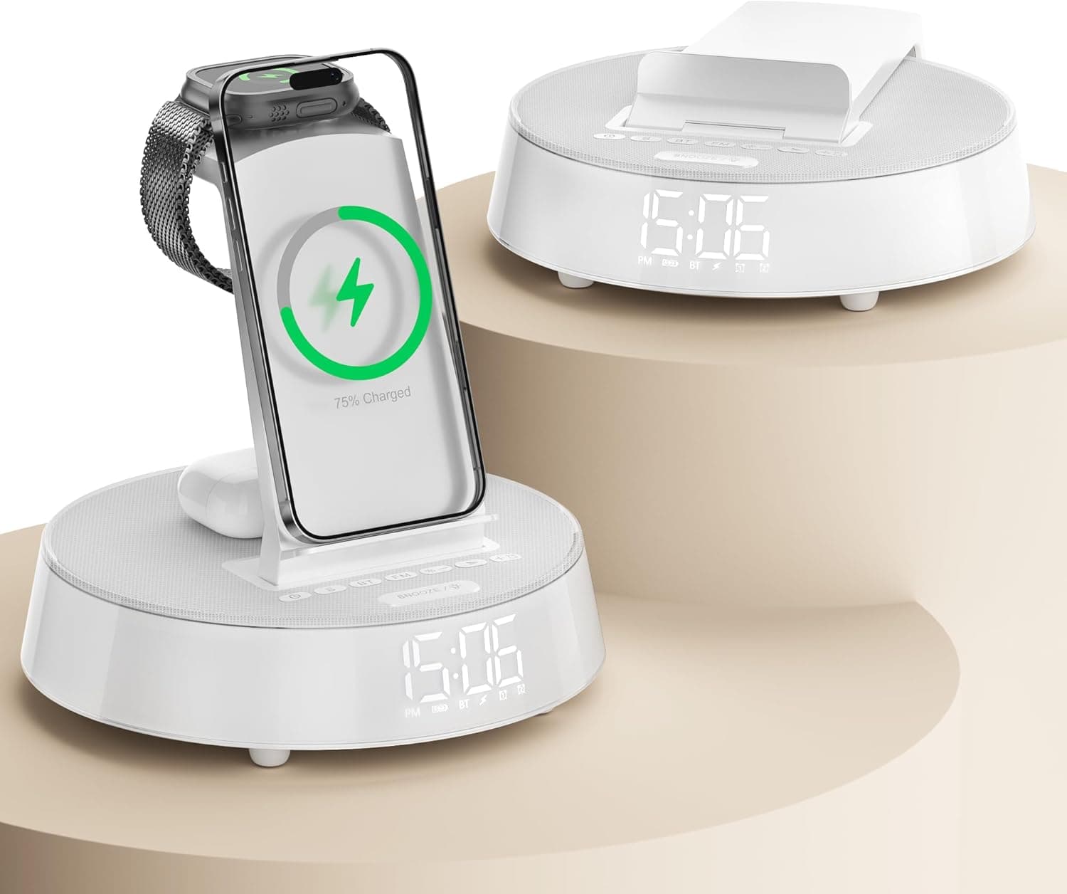Alarm Clock with Wireless Charging Station, Clock for Bedroom with Night Light Bluetooth Speaker, Wireless Charger Dock Station for iPhone 17 16 15 14 13 12 Pro Max, Apple Watch 11, AirPods 3 (White) - image 1