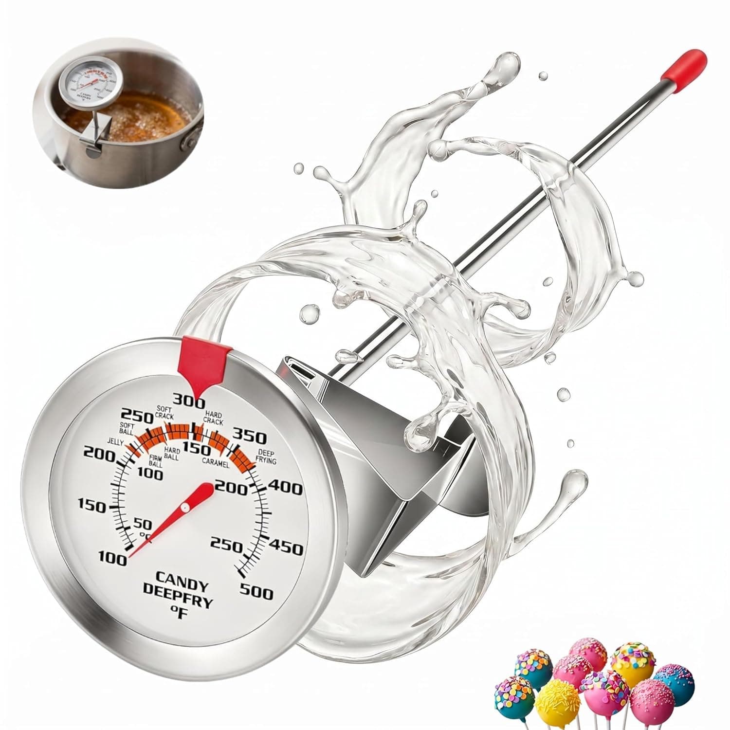 Candy & Deep Fry Thermometer, Stainless Steel Probe with 2" Large Dial & Pot Clip – Temperature Guide for Candy Making, Confectionery, Frying, BBQ, Chocolate, Jam
