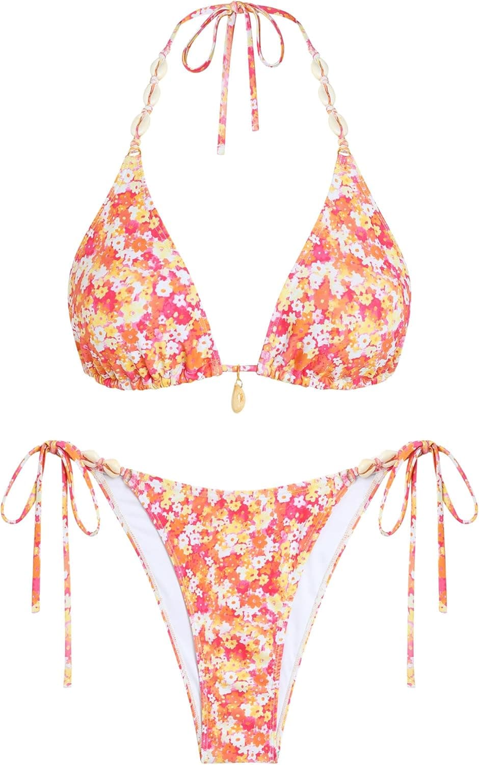 ZAFUL Orange Floral Cheeky Bikini Sets for Women Two Piece Bathing Suits Brazilian High Cut String Triangle Bikini Swimsuit for Vacation, X-Large - image 1