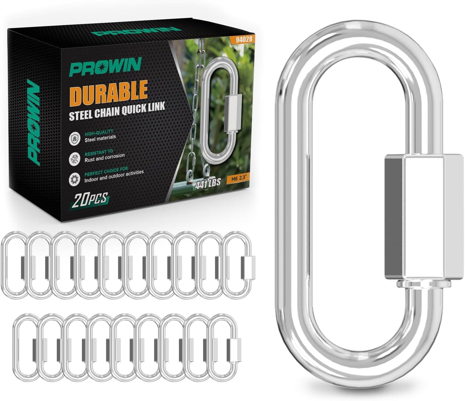 PROWIN Multi-Size Quick Link Chain Connectors, M6/M8 Heavy Duty Screw Links, 441-772 lbs Capacity Galvanized Steel for Towing, Swing, Shade Sail, Rigging and DIY Projects