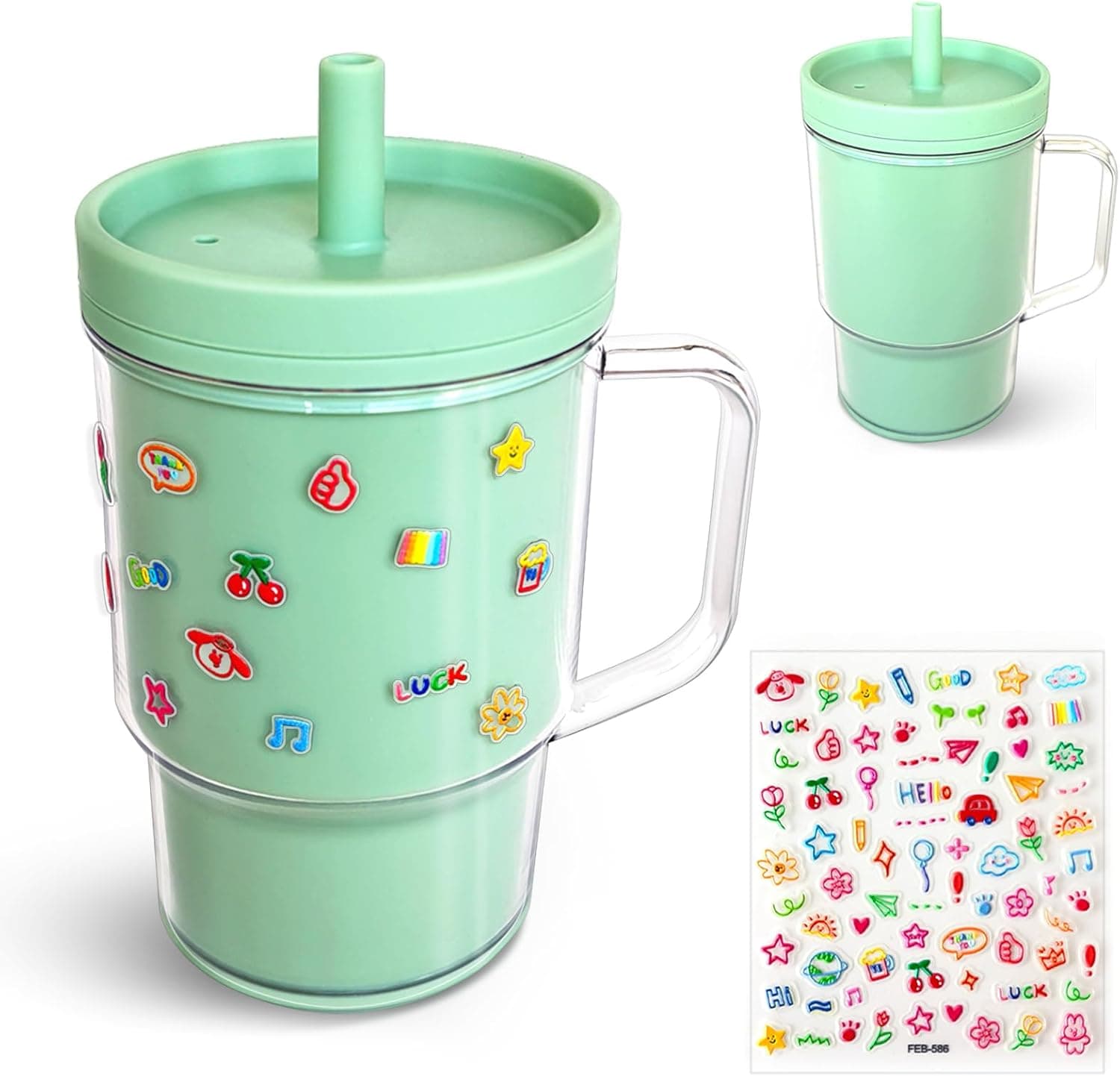 Baby Straw Cups for Toddlers 1-3 with Silicone Straw and Handle, 8oz Spill Proof and Heat Proof,BPA Free Dishwasher Safe Mini Stanley Style Cup with Cartoon Stickers for Kids (Mint green)