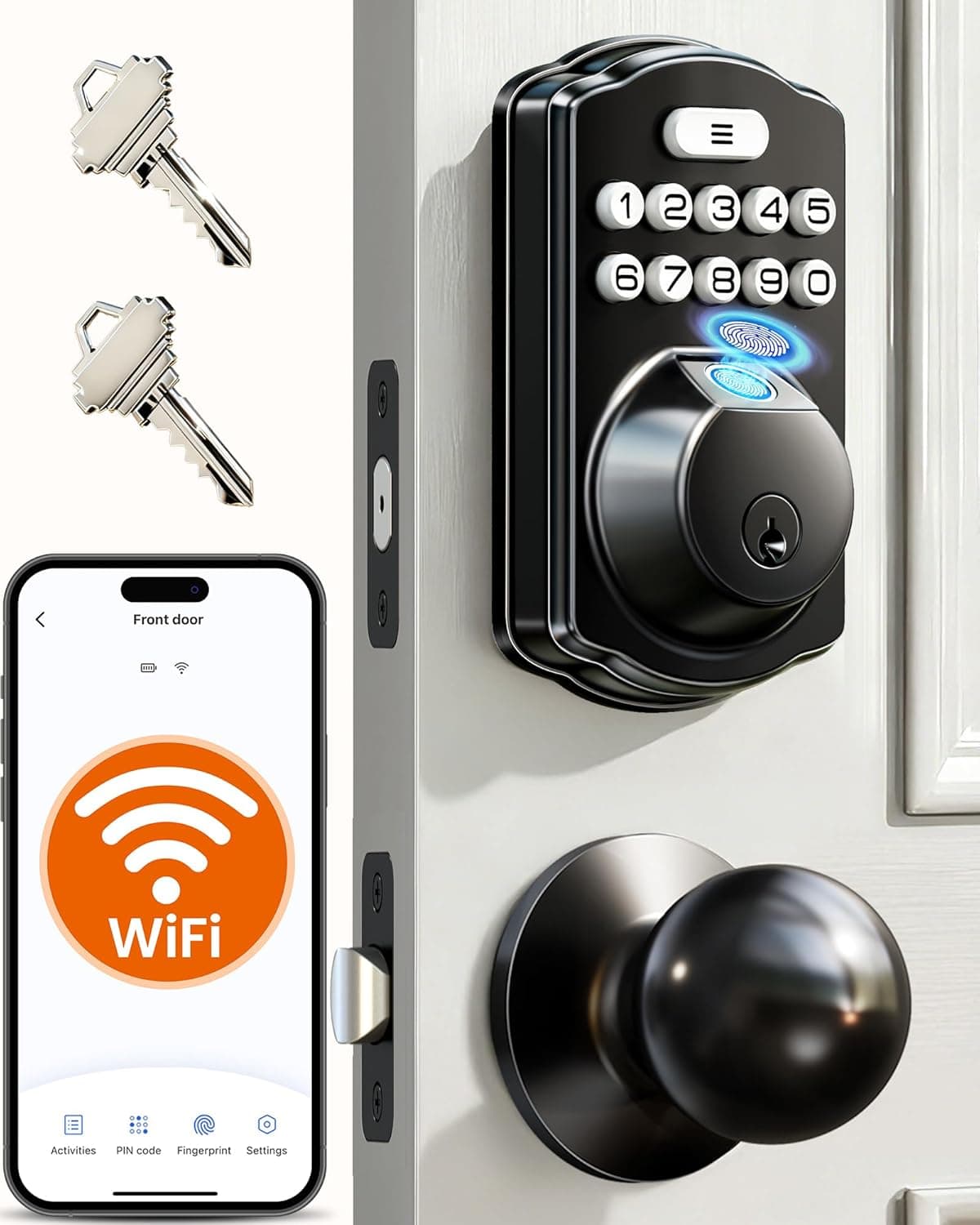 Veise VE012W-K Built-in WiFi Fingerprint Smart Lock with 2 Knobs, No Hub Needed, Remote APP Control, Keyless Entry Door Lock, Smart Deadbolt for Front Door, Auto Locking, Matte Black - image 1