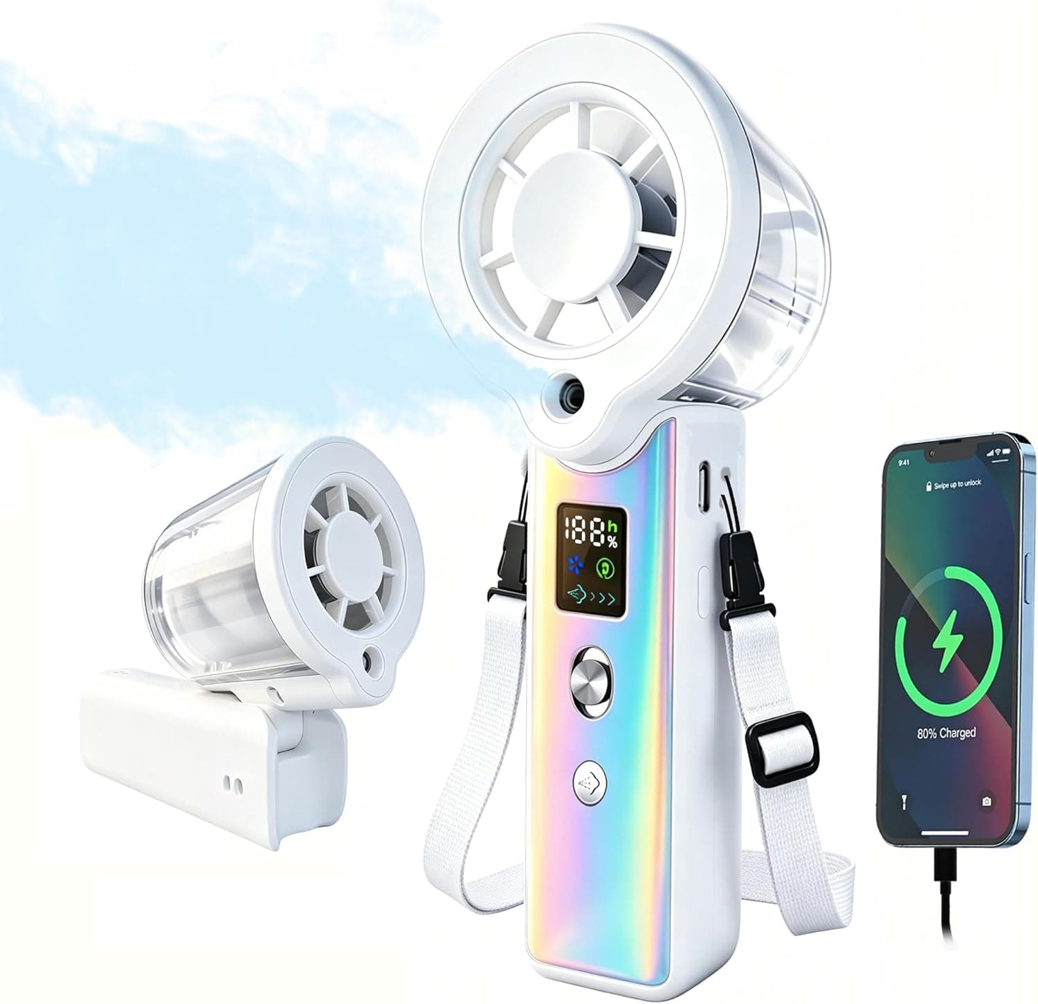 Portable Misting Fan, Handheld Rechargeable Fan with Water Mist, Personal Mini Turbo Fan with 1-100 High Speeds (20000 RPM), LED Light for Music Festival, Summer Trip Must-Haves, Holographic White Fan - image 1