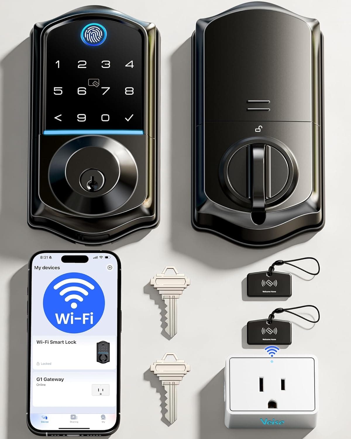 Veise VE017G Wi-Fi Keyless Entry Door Lock, App Remote & Voice Control, Fingerprint Smart Locks for Front Door, Touchscreen Electronic Keypad Deadbolt, Auto Lock, Emergency Power Port, Matte Black