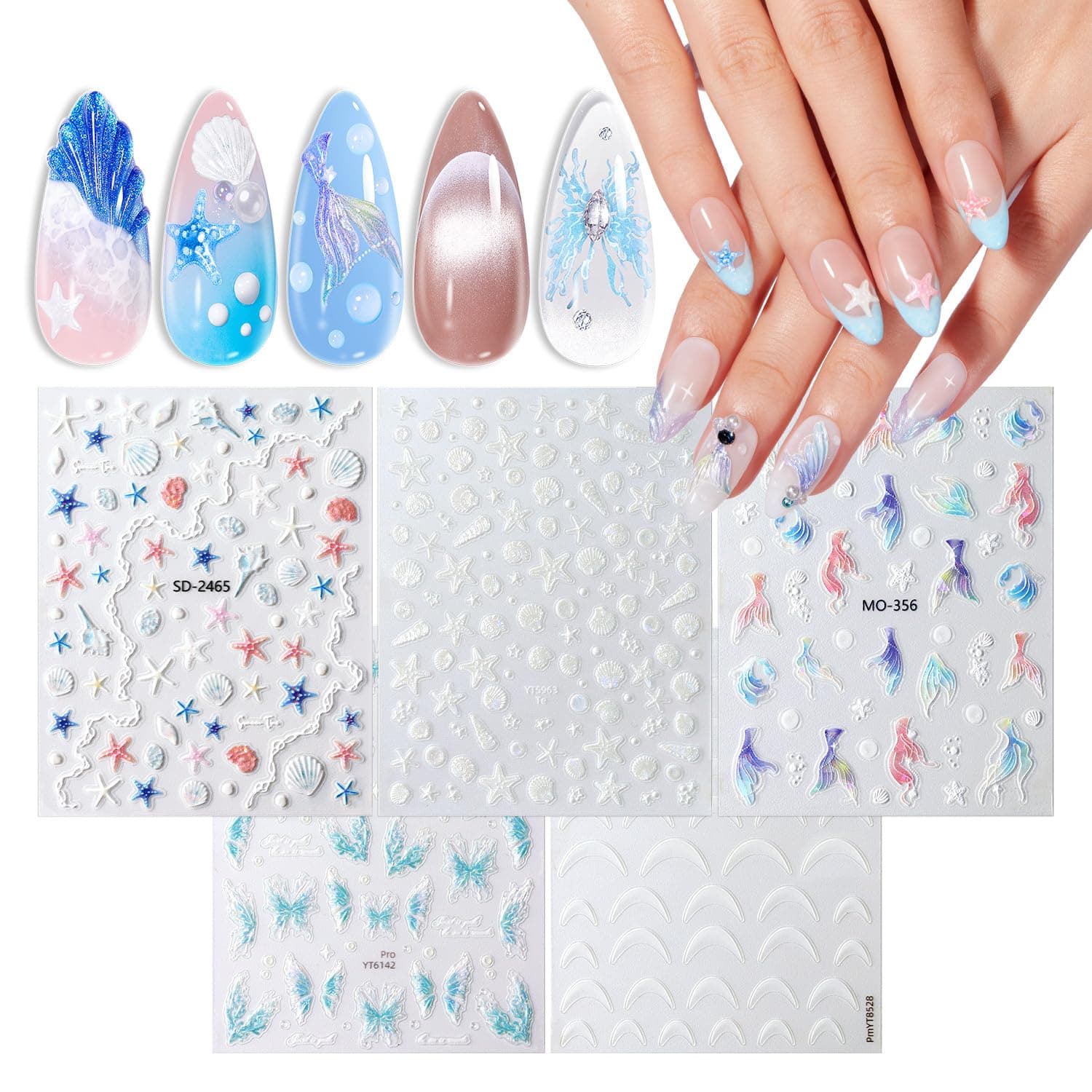Modelones French Tip Nail Stickers – 3D Embossed Ocean Blue Mermaid Shells & Pearls Nail Decals, Nail Art Stickers for Nail Design, Women & Kids DIY Nails Supplies, Perfect Nail Stickers for Nail Art - image 1