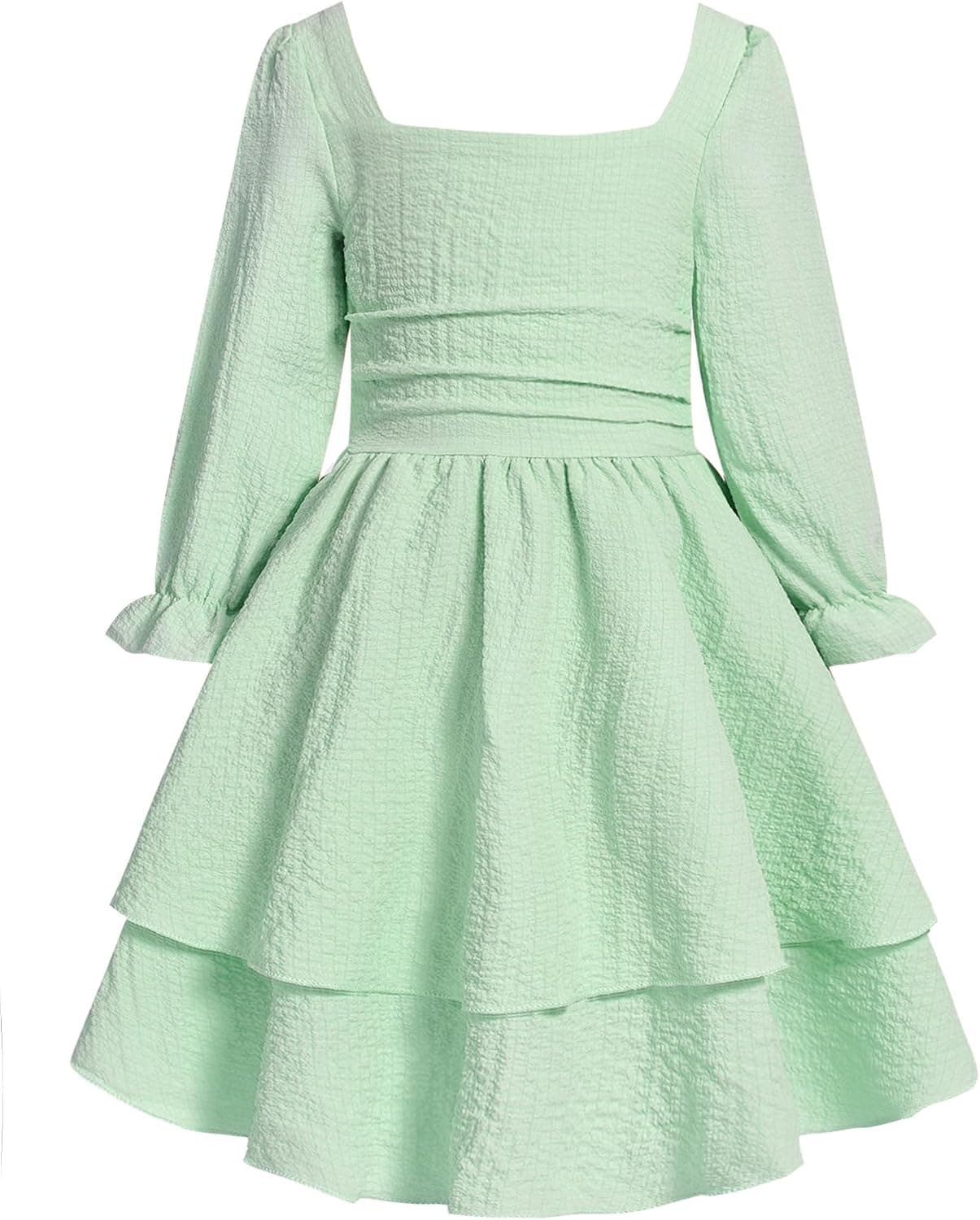 JiAmy Girls' Square Neck Long Sleeve Ruffle Dress with Smocked Back
