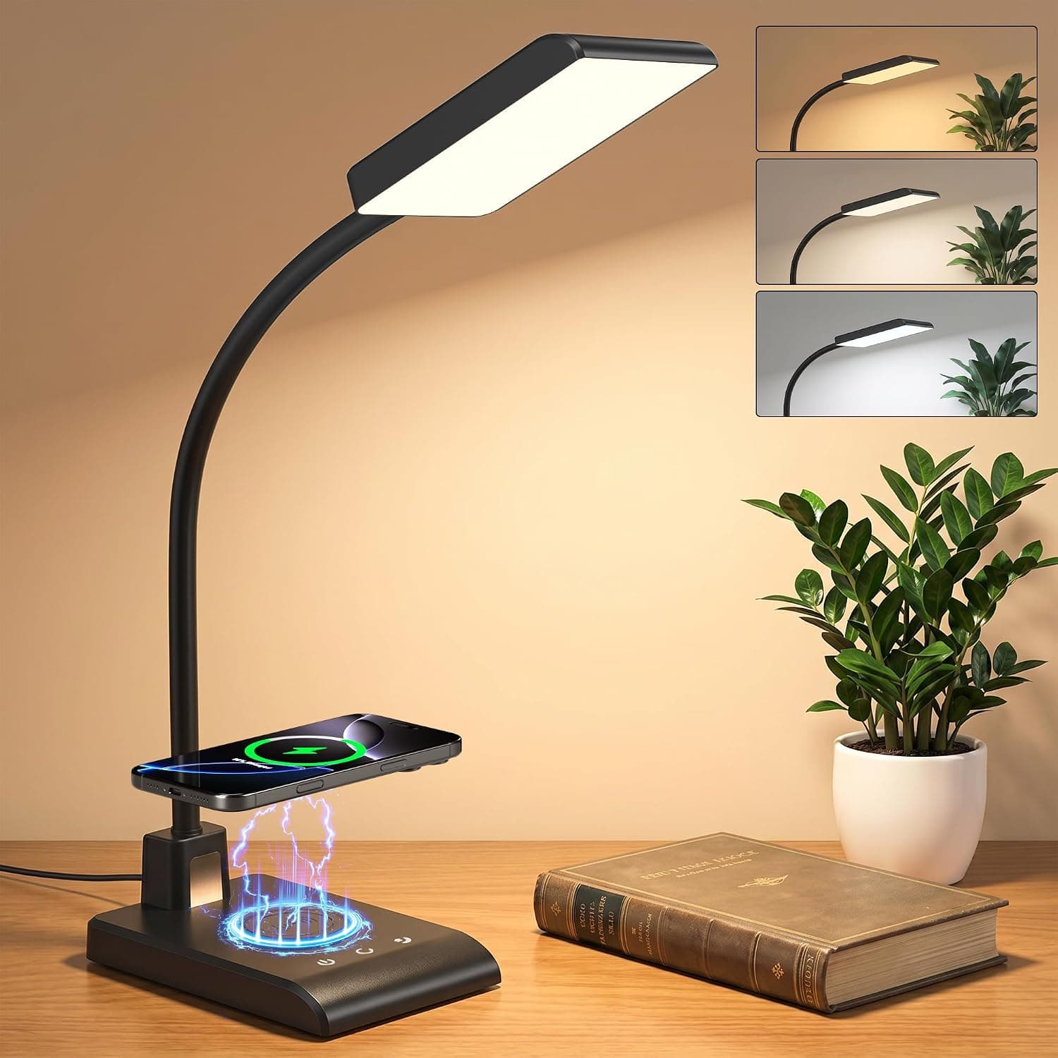 Desk Lamp with Wireless Charger, LED Desk Lamps for Home Office with Night Light, 3 Color Modes with Stepless Dimming, CRI 90+, 1000lm, 360° Flexible Arm, Eye-Caring Study Lamp for College Dorm Room