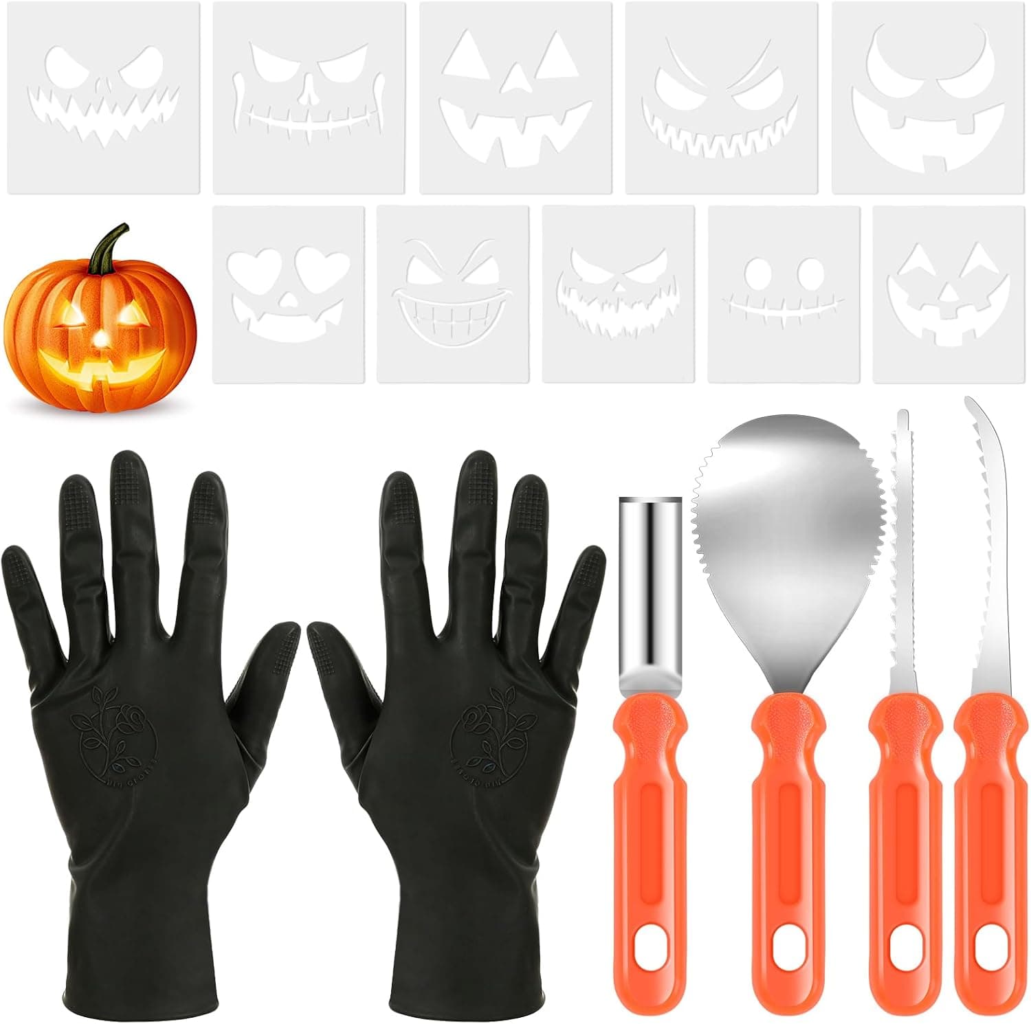 AUGSUN Halloween Pumpkin Carving Kit Jack-O-Lantern Tools Set with Safety Gloves & Stencils