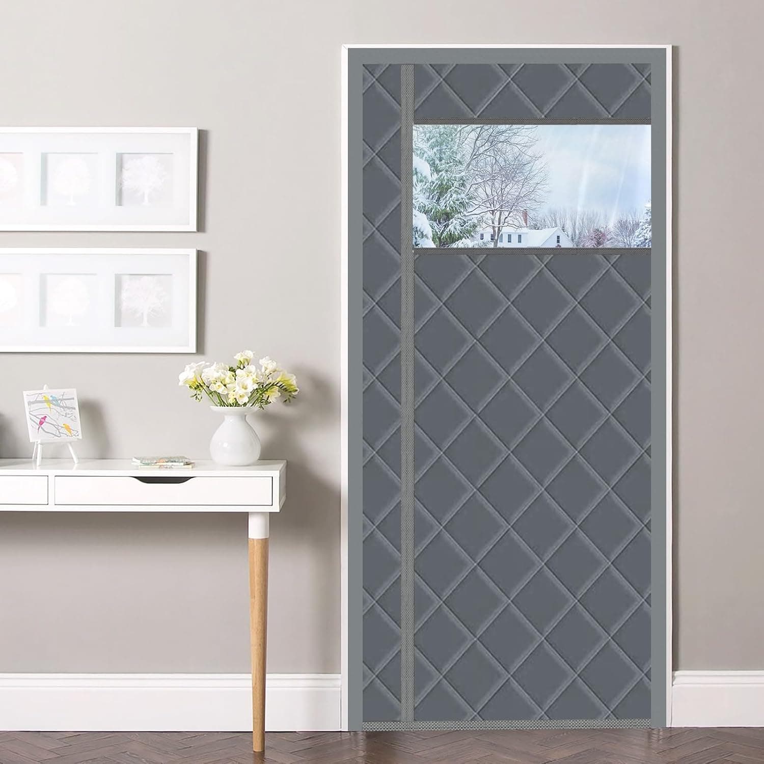 Magnetic Thermal Insulated Door Curtain, 60 x 80 Inch Winter Door Cover Curtain Size 64 x 82 Waterproof Thick Insulation Blanket with Visible Window Side Opening Gray