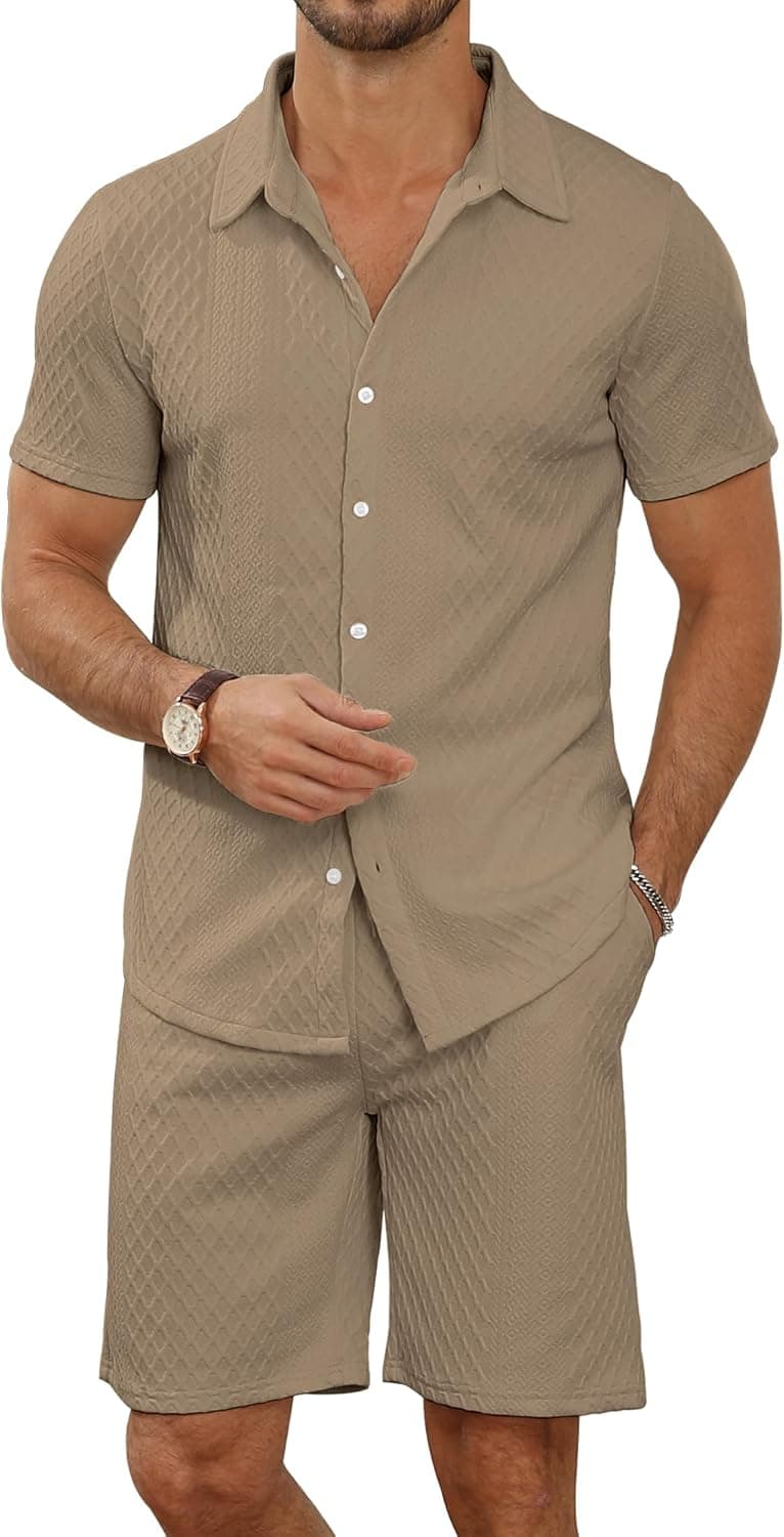 MLANM Men's 2 Piece Outfit Summer Short Sleeve Button Down Shirts and Shorts Sets with Pockets - image 1