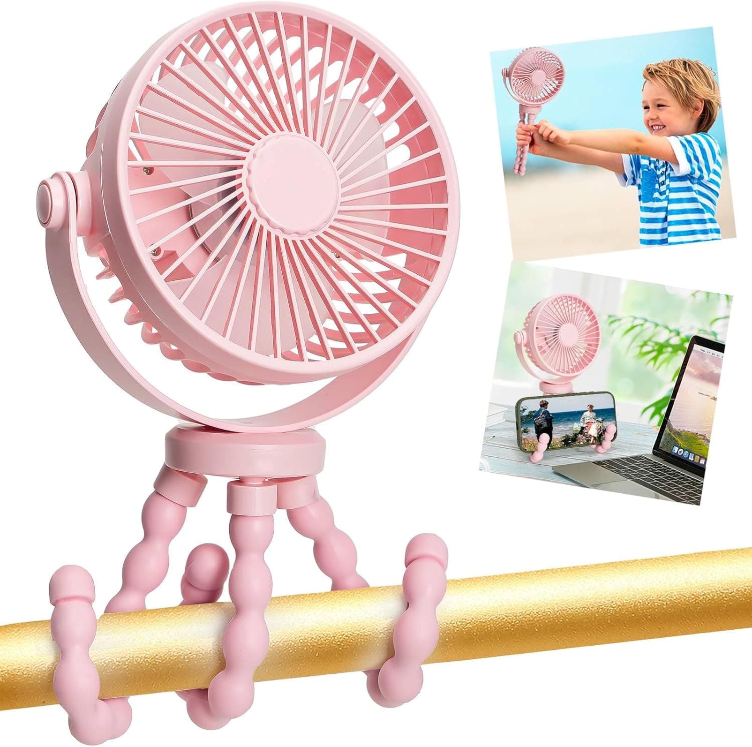 Mini Portable Stroller Fan, 3000mAh Battery Operated Personal Small Handheld Fan with Flexible Tripod, 360° Rotate 3 Speed Rechargeable Clip On for Car Seat Crib Treadmill Travel Camping