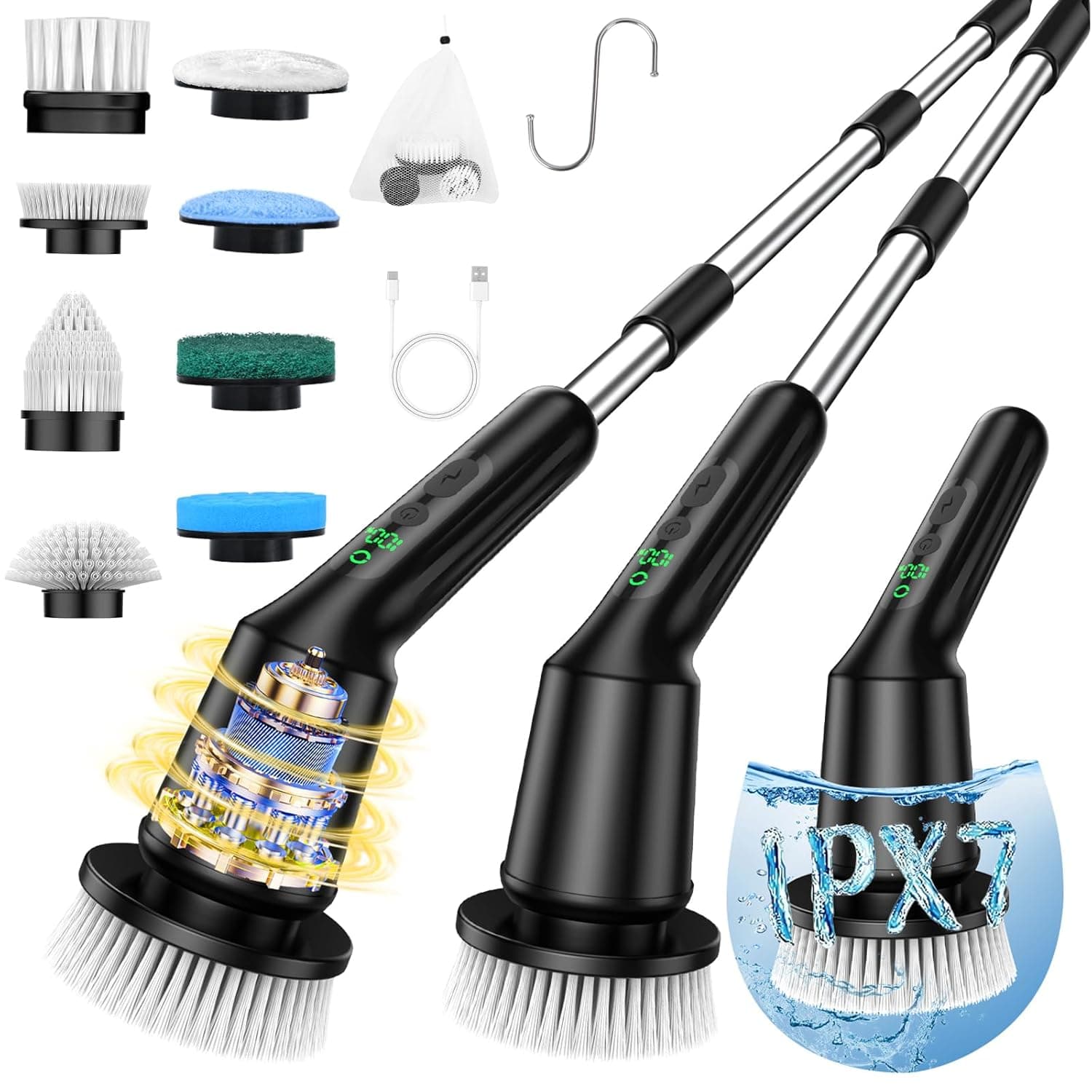 Shower Scrubber with Long Handle, Shower Cleaner Brush with 8 Brush Heads, Cordless Electric Spin Scrubber for Cleaning with 2 Speed, Cleaning Supplies for Bathroom Bathtub Kitchen Floor Tile Toilet - image 1