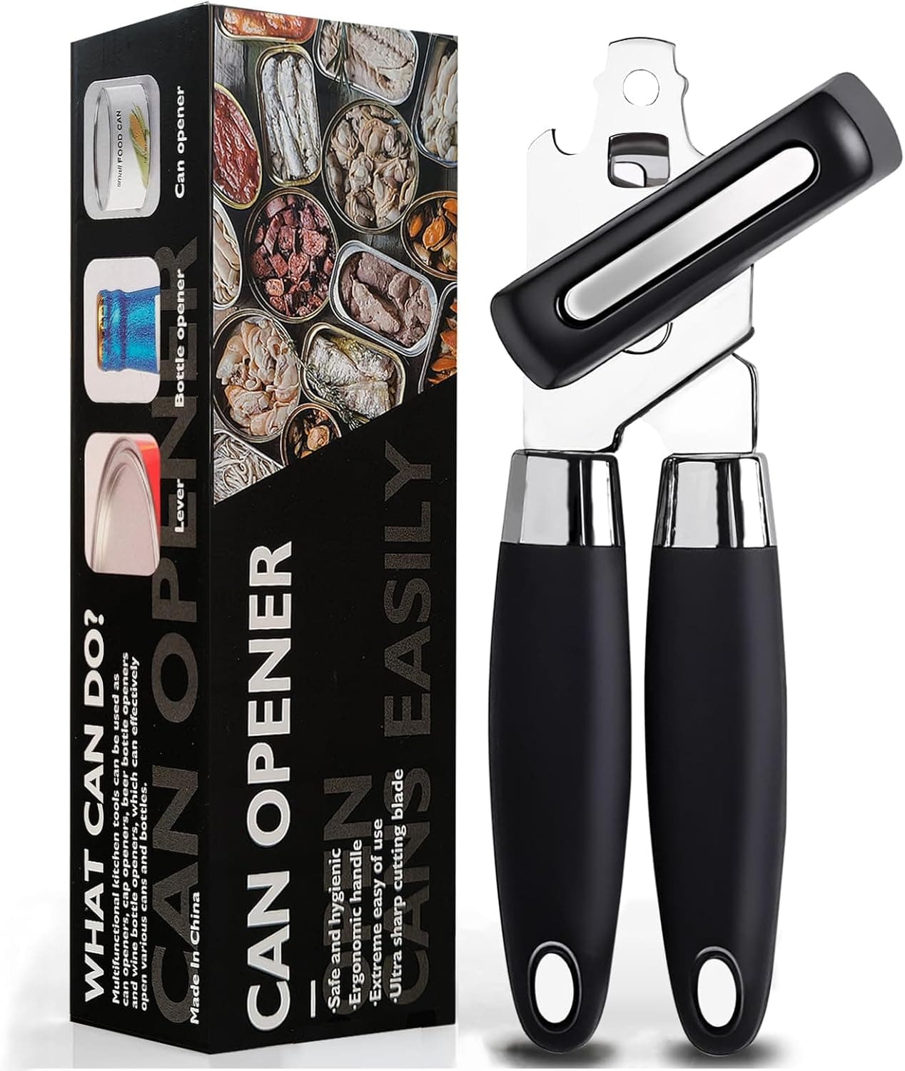Multifunctional Stainless Steel Manual Can Opener and Bottle Opener, Heavy Duty Hand Held Can Opener with Easy Turn Knob, Sharp Blade Smooth Edge, Good Grips Kitchen Tool for Seniors, Black - image 1