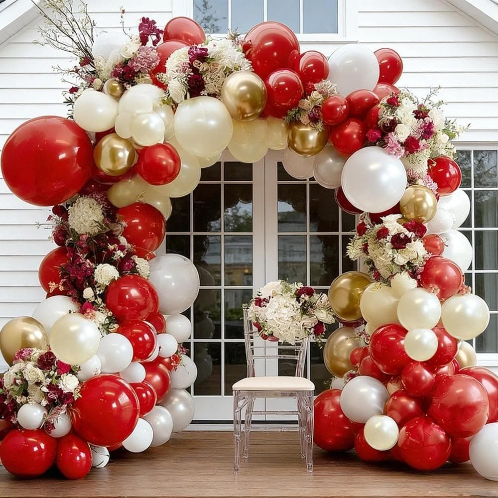 Red White Gold Balloon Garland Double Stuffed Burgundy Red White Sand Pearl Balloon Arch Kit Maroon Wine Balloons for Birthday Bridal Shower Wedding Anniversary Graduation Party Decorations - image 1