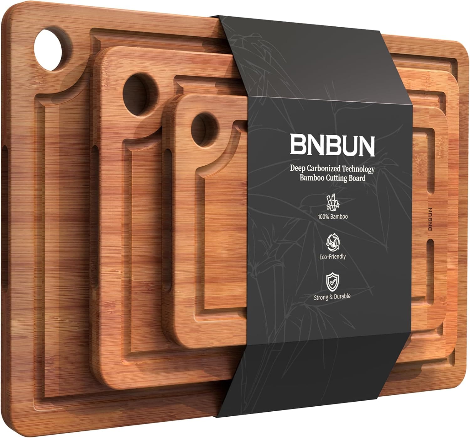 Bamboo Cutting Board for Kitchen, 3-Piece Wooden Cutting Board Set with Deep Juice Grooves, Side Handles, Non-Slip Mats, Reversible Chopping Boards for Meat, Veggies, Fruit, Cheese Serving