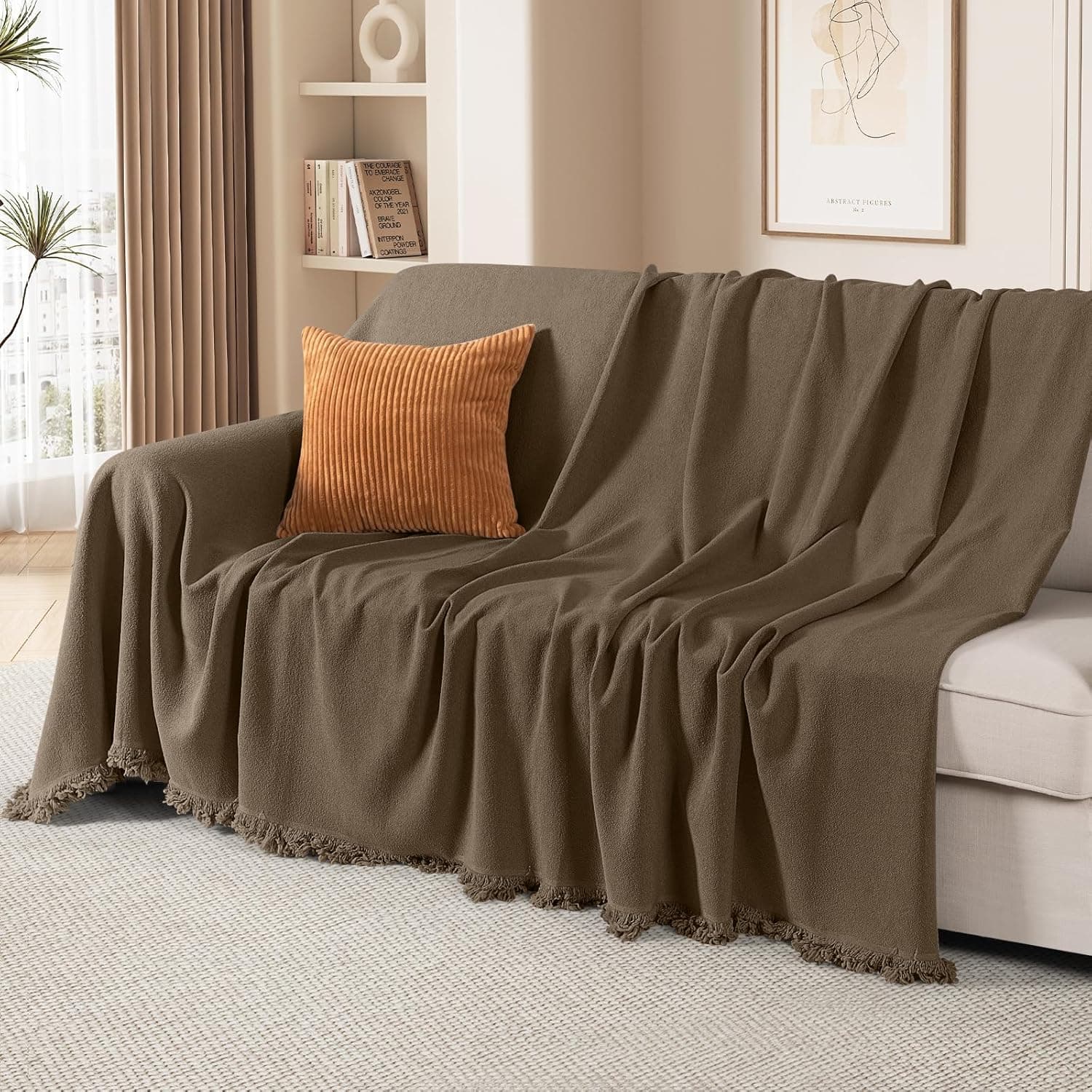 TAOCOCO Couch Cover Blanket Sectional Sofa Covers Thick Durable Couch Covers for 3 Cushion Couch Washable Pet-Friendly Sofa Slipcovers Furniture Protector with Tassels (71''x134'' Brown) - image 1