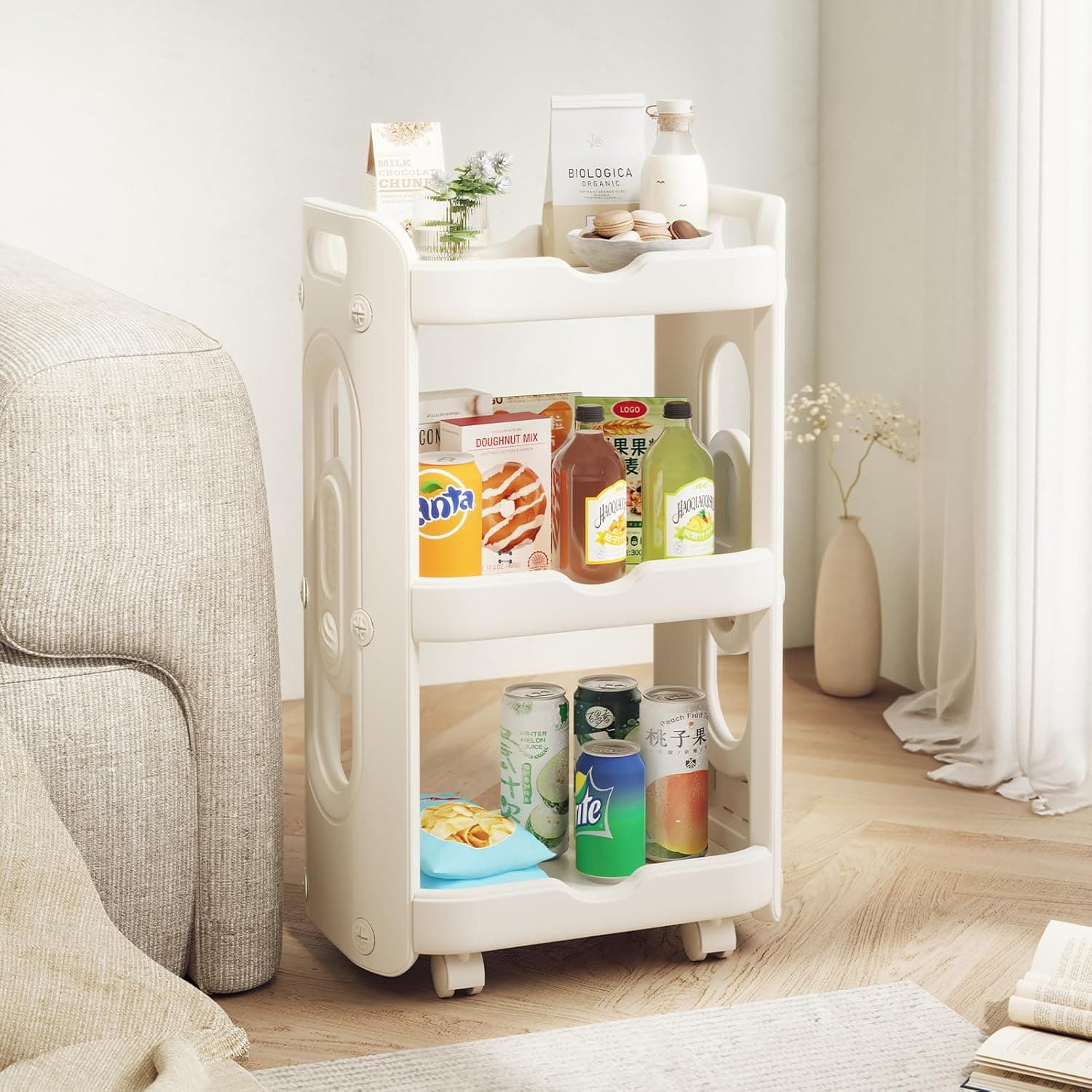 3-Tier Slim Rolling Cart with Wheels - Mobile Storage Organizer for Small Spaces, Perfect for Living Room, Kitchen, Bathroom | Holds Books, Toys, Snacks - Easy Assembly, White