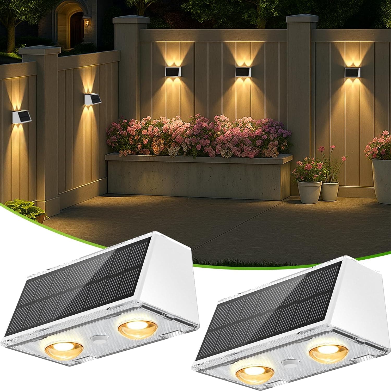 Solar Fence Lights 2 Pack, Solar Powered Lights Outdoor Waterproof, 9-Mode Warm/Cool White & RGB Up-Down Led Spot Wall Lights Dusk to Dawn Decor for Backyard, Deck, Patio, Pool, Railing(White) - image 1