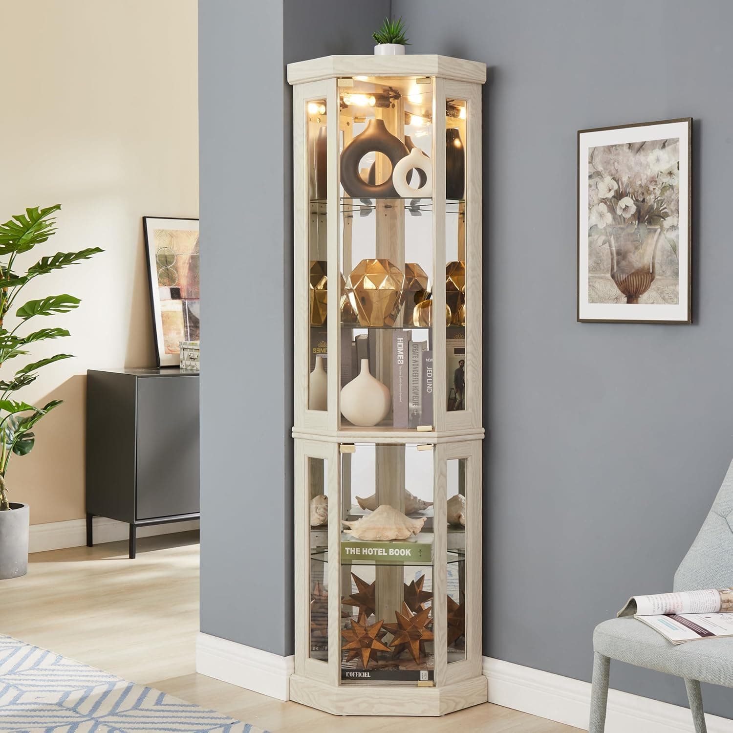 Lighted Corner Curio Cabinet - Curio Cabinet with Glass Door, Elegant Corner Design Display Case with Light Bulb for Living Room, Antique Collectibles, Wine & Bar Glass Storage (White)