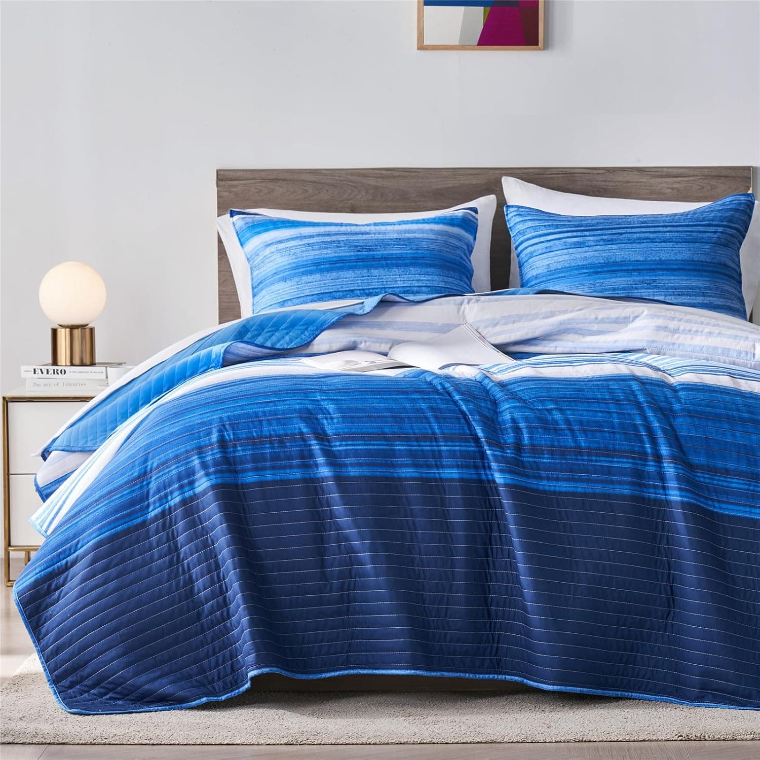 KAKIJUMN Twin Quilt Bedding Set, White and Blue Patchwork Striped Quilt Set, 2 Pieces Soft Lightweight Bedspread Coverlet Set with 1 Pillow Sham(Blue,Twin) - image 1