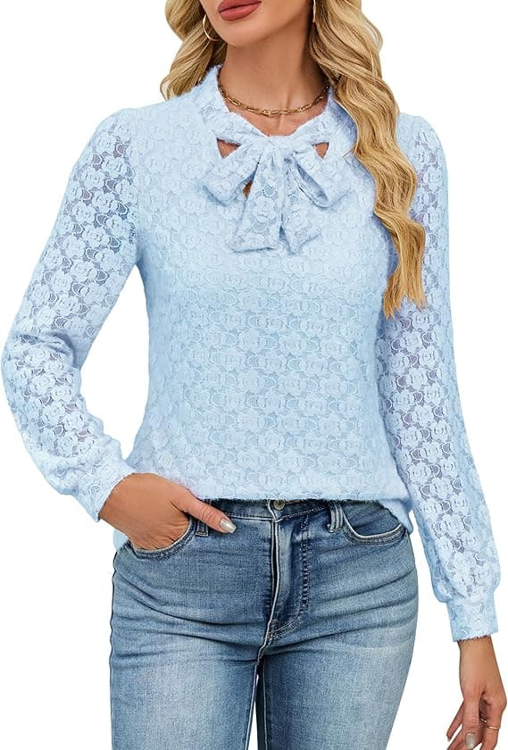 Blooming Jelly Womens Lace Long Sleeve Tops Tie Front Lined Dressy Blouse Fall Fashion Trendy Elegant Business Casual Outfit - image 1