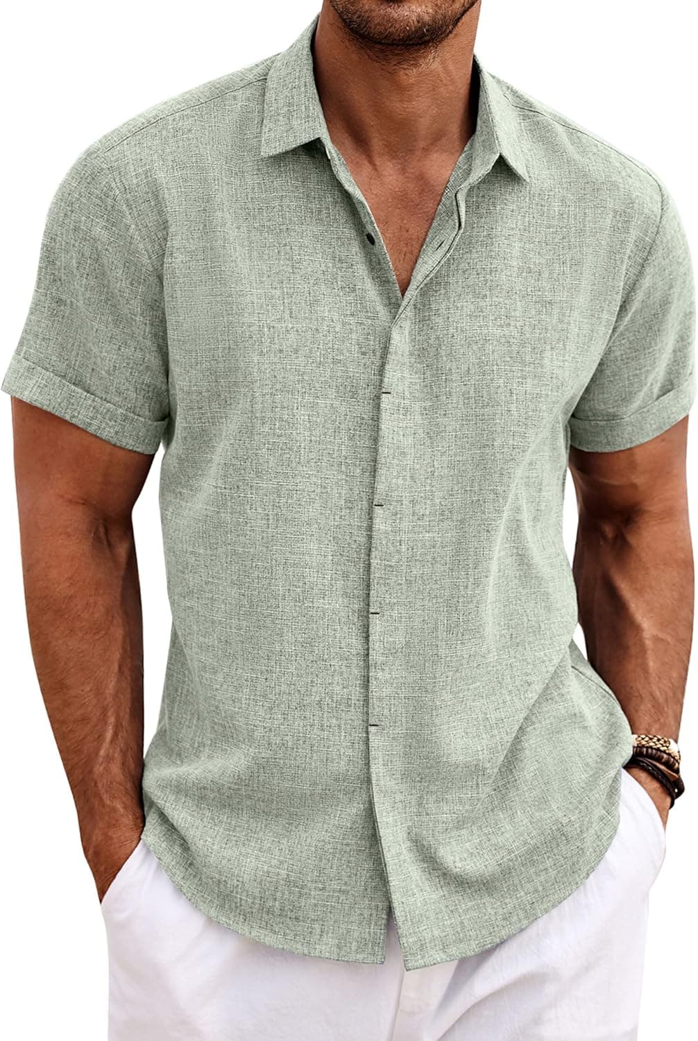 Men's Linen Button Down Shirt | Light Green Beach Summer Wedding Casual Shirt - image 1
