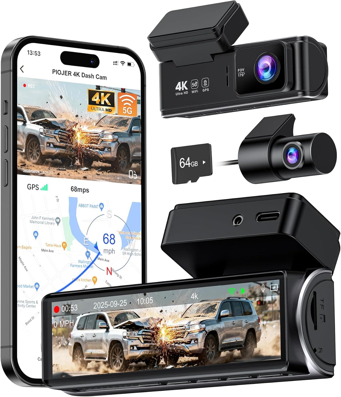 4K Dash Cam Front Rear, Dual Dash Camera for Cars Built in 5GHz/2.4GHz WiFi GPS Dashcam with G-Sensor 24H Parking Monitor Loop Recording WDR Night Vision 170° View Angle APP Control Free 64GB SD Card - image 1