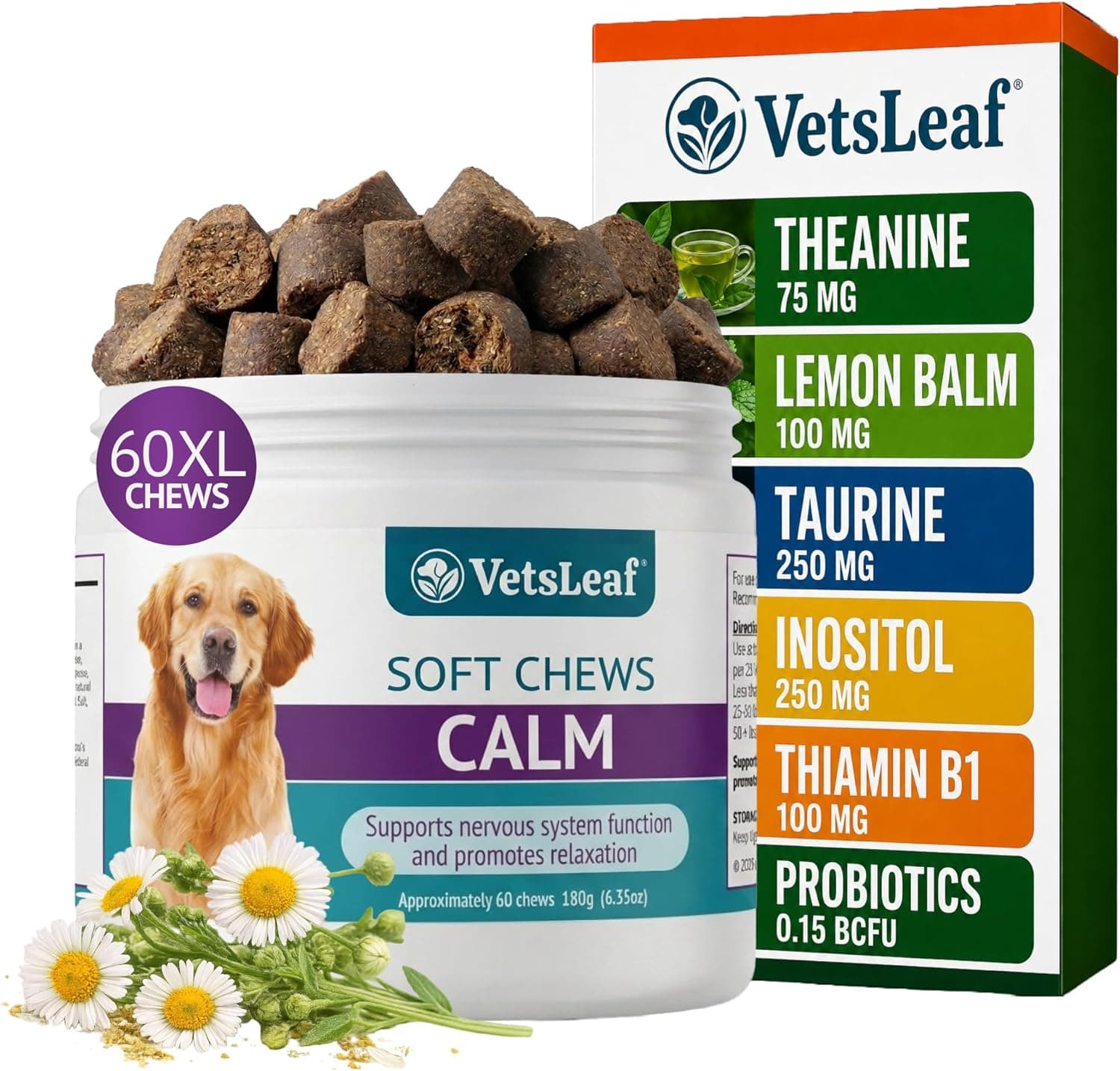 Calming Chews for Dogs - Dog Anxiety Relief and Calming Sleep Support with Theanine, Lemon Balm, Taurine & Inositol - Fireworks, Thunderstorms & Separation Anxiety - Made in USA - 60 Count