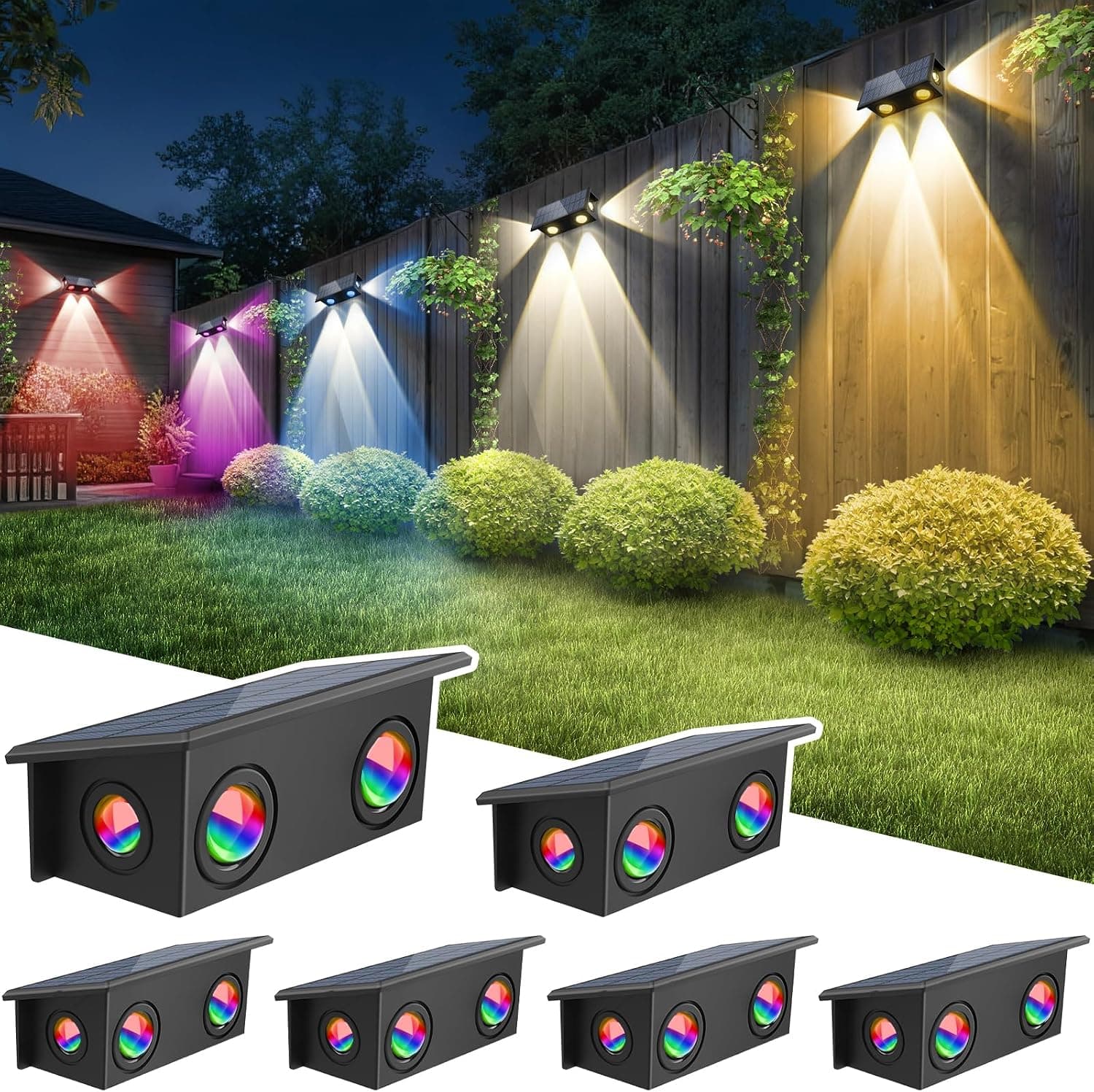 T-SUN Solar Fence Lights Outdoor, 7 Fixed Colors and Color Changing Fence Lights Solar Powered, IP65 Waterproof LED Dusk to Dawn Deck Light for Porch Backyard Wall Step Patio Railing Pool (6 Pack)