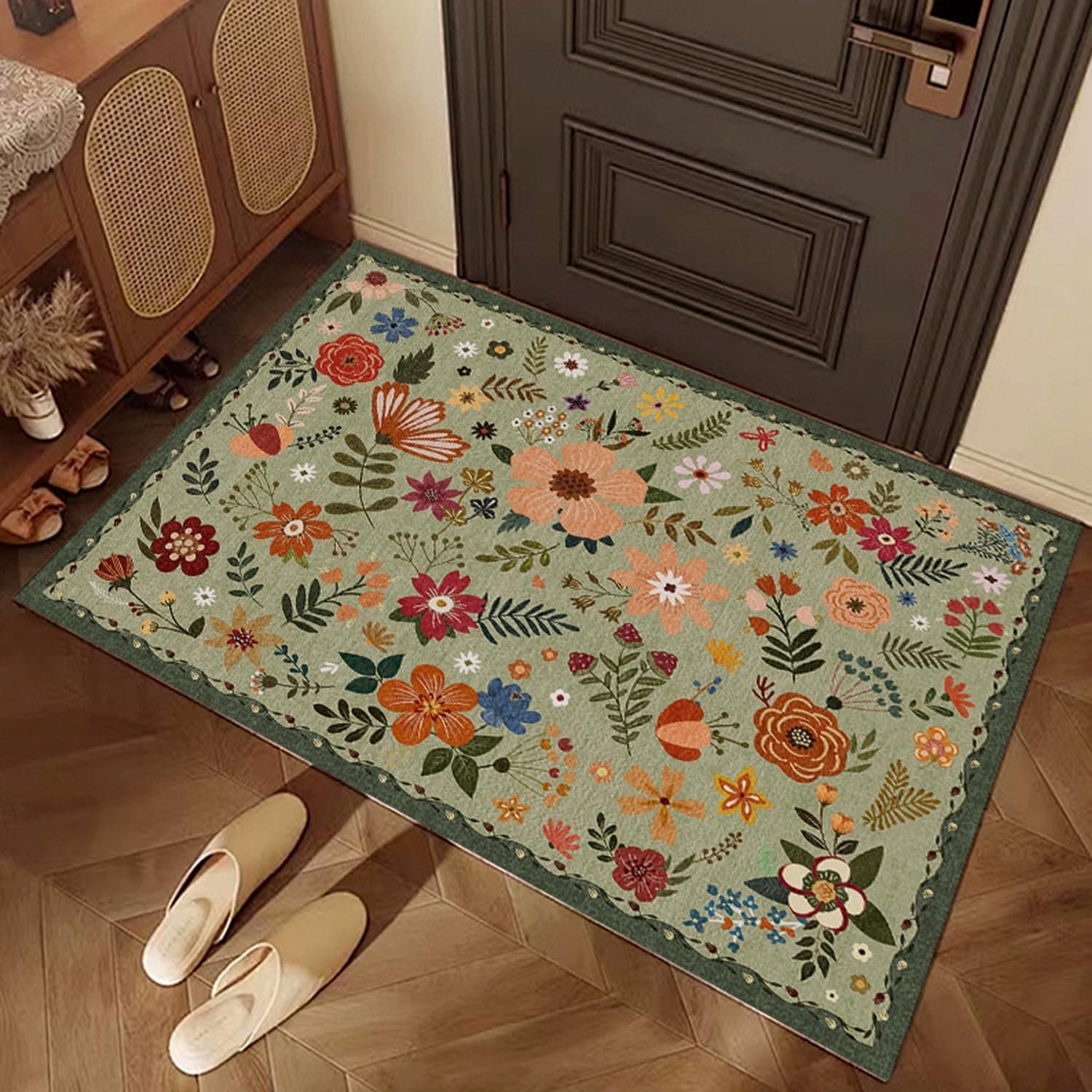 Washable Doormat, Floral Rug, Non-Slip Small Rug for Entrance,2'x 3',Grass Green