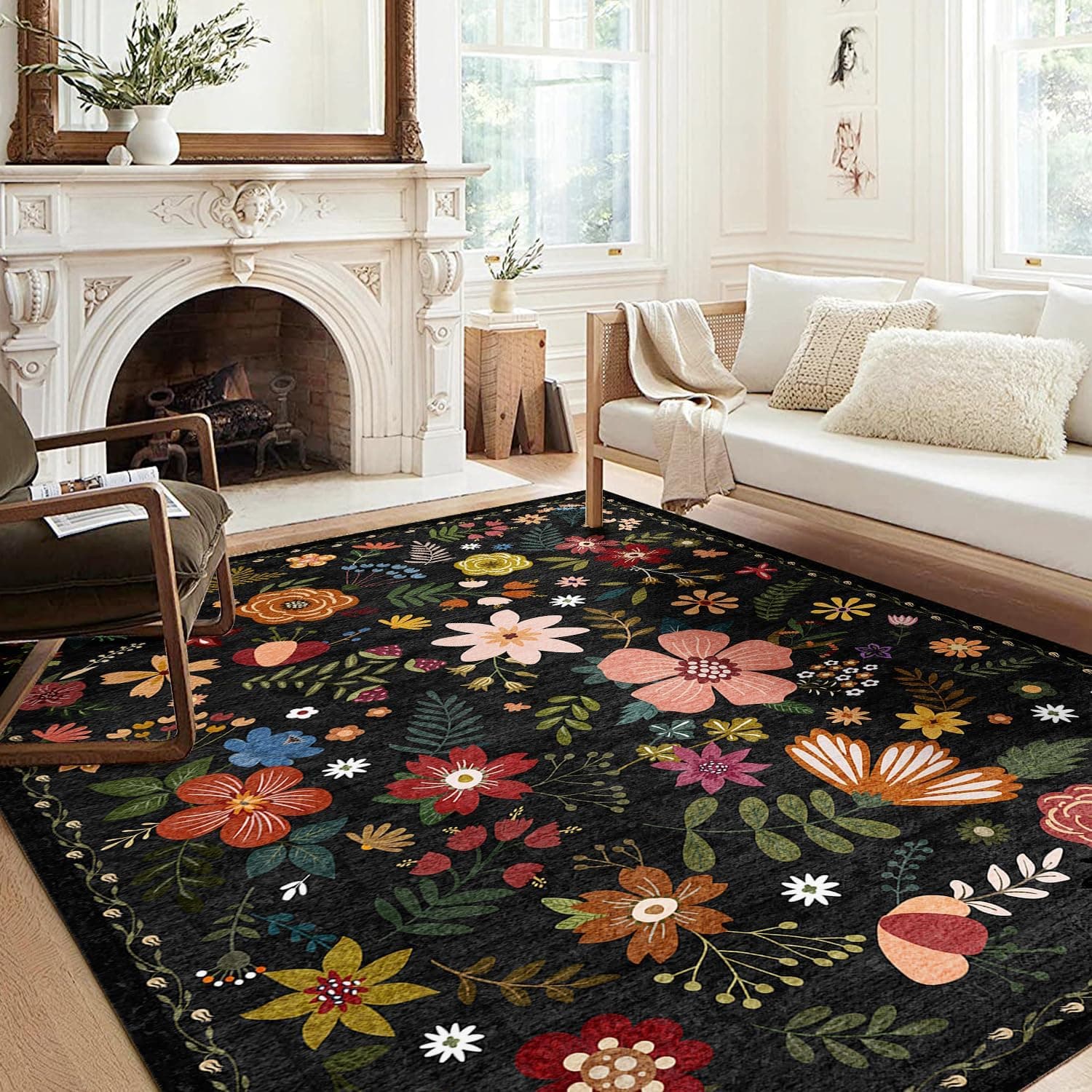 Washable Area Rug, Floral Rug, Large Carpet for Living Room & Bedroom, 9'x 12',Black