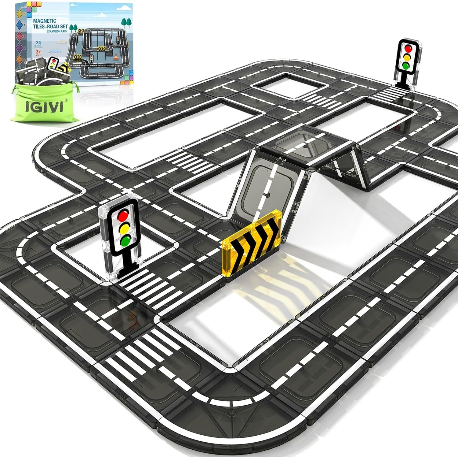 IGIVI Magnetic Tiles Road Expansion Pack, STEM Magnet Building Blocks for Toddler Kids Toys, Montessori Educational Toys for 3+ Year Old Boys & Girls, Creative Toy Gifts for Kids