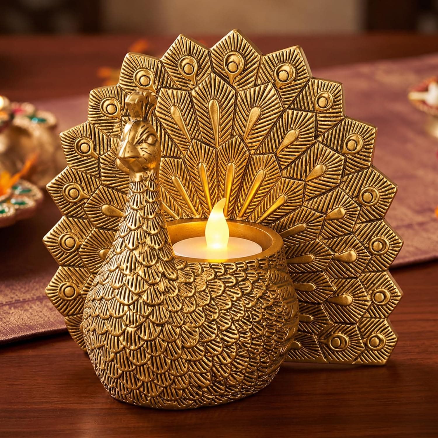 Sawysine Antique Peacock Gold Tealight Candle Holder for Diwali Decoration