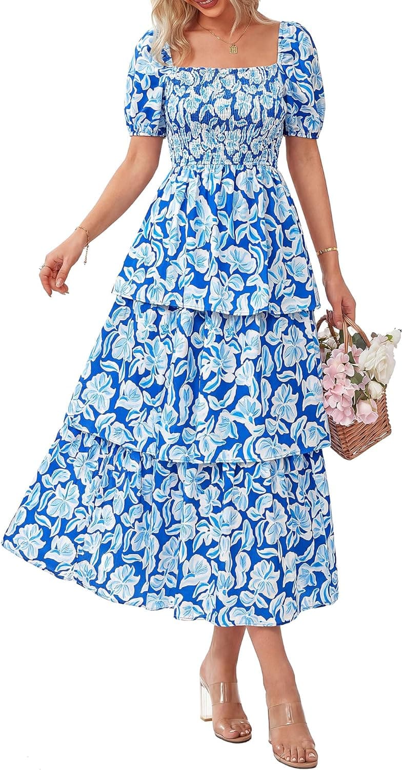 BTFBM Womens Square Neck Smocked Dress Summer Puff Short Sleeve Floral Casual Ruffle Tiered Maxi Wedding Guest Dresses