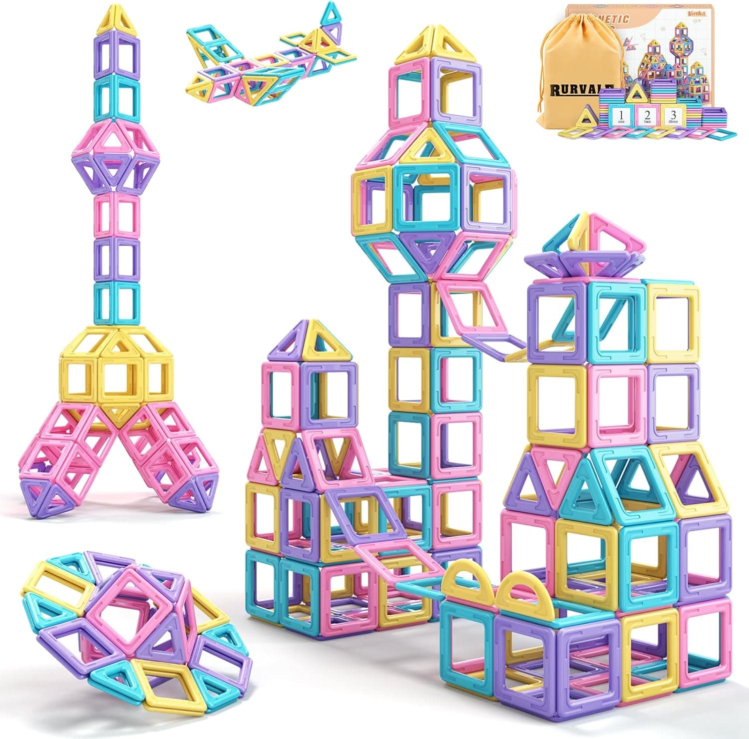 Rurvale Magnetic Tiles 44pcs – STEM Building Blocks for Toddlers, Montessori Magnet Toy Set