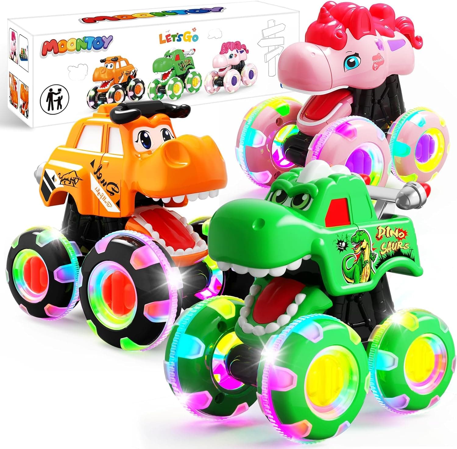 3 Pack Monster Truck Toys for Toddlers 1-3, Press & Go Cars with Flashing LED Wheels & Moving Mouth, Dinosaur Cars for 2 3 4 One Two Year Old Boy Birthday Gifts