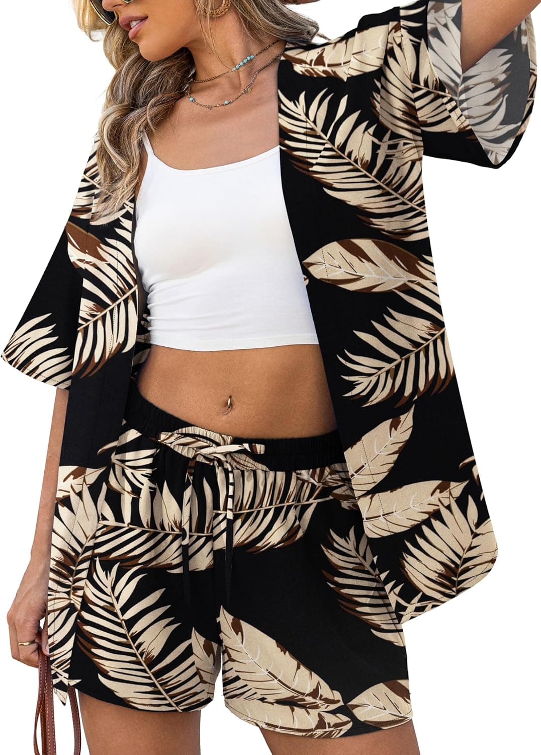Two Piece Print Cover Up Sets-Top & Shorts,Beach Vacation Clothes Hawaii Outfits for Women