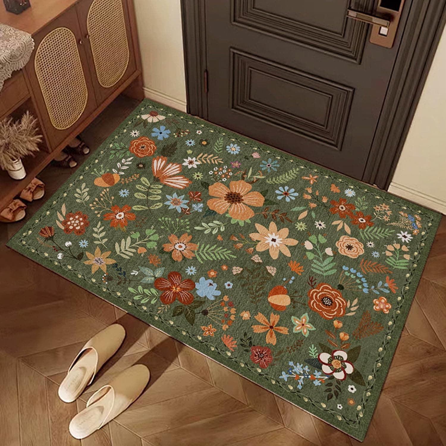Washable Doormat, Floral Rug, Non-Slip Small Rug for Entrance,2'x 3',Green