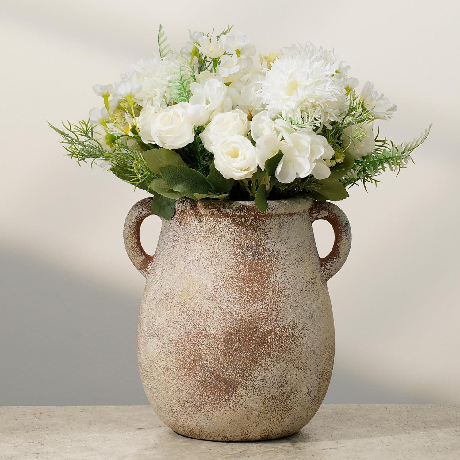 7.9 Inch Tall Vintage Ceramic Flower Vase with Handles,Rustic Farmhouse Vase for Home Decor,Distressed Decorative Terracotta Vase for Table Centerpiece Entryway Living Room Bedroom (002-terracotta)