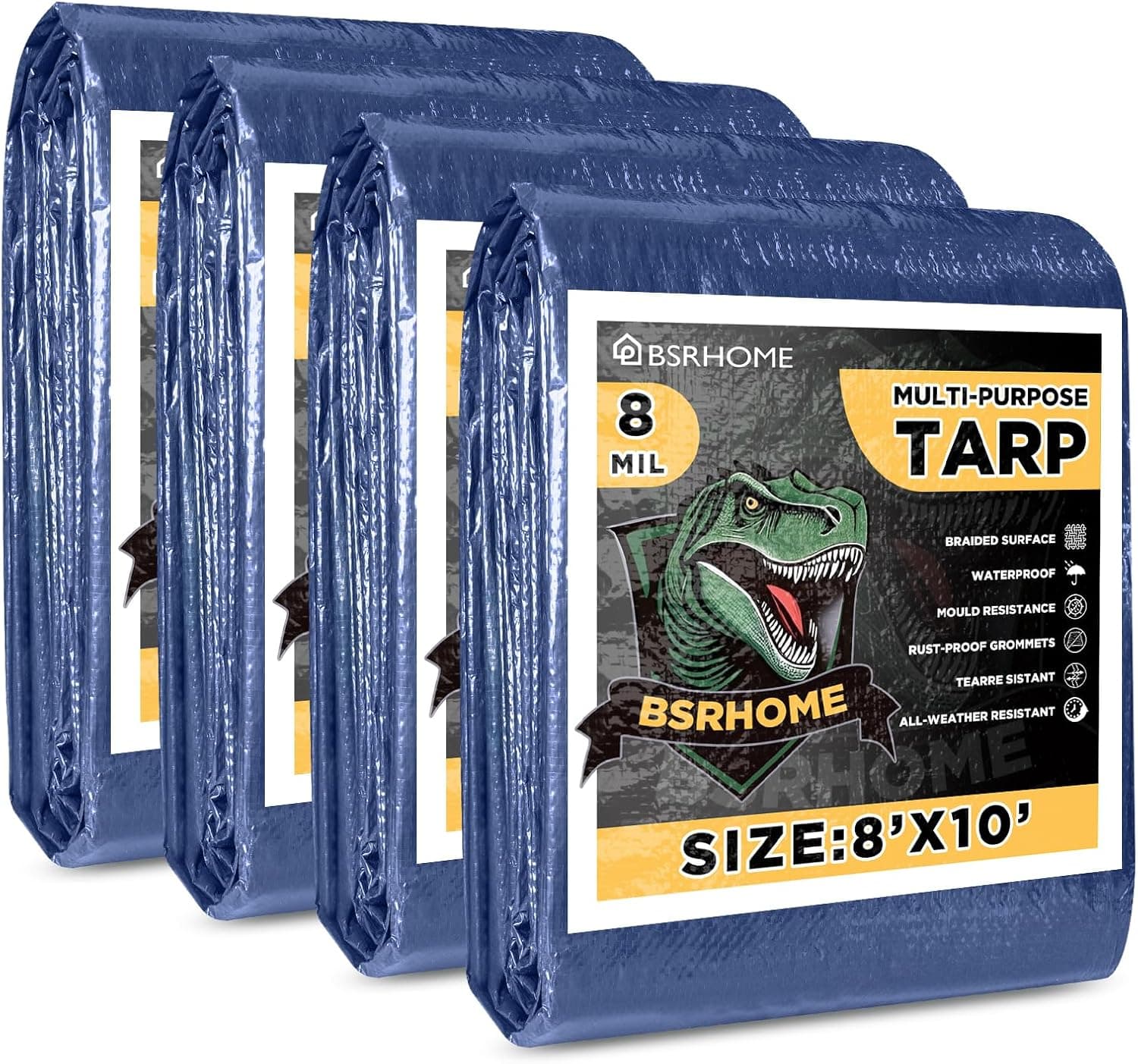 Heavy Duty 8x10 Outdoor Tarp - 4 Pack Waterproof, 8 Mil Thick Blue Tarpaulin for Camping & Emergency Cover