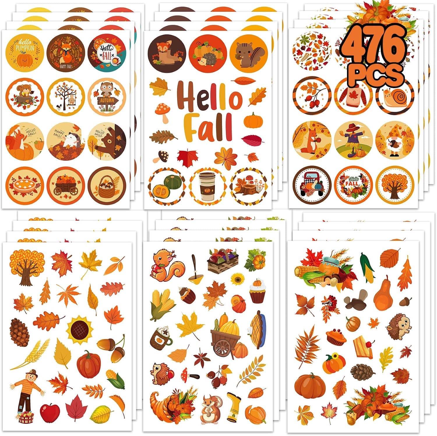 MISS FANTASY Hello Fall Stickers for Kids - Autumn Bulk Thanksgiving Pumpkin and Maple Leaves for Cards/Envelopes/Gift - Party Supplies