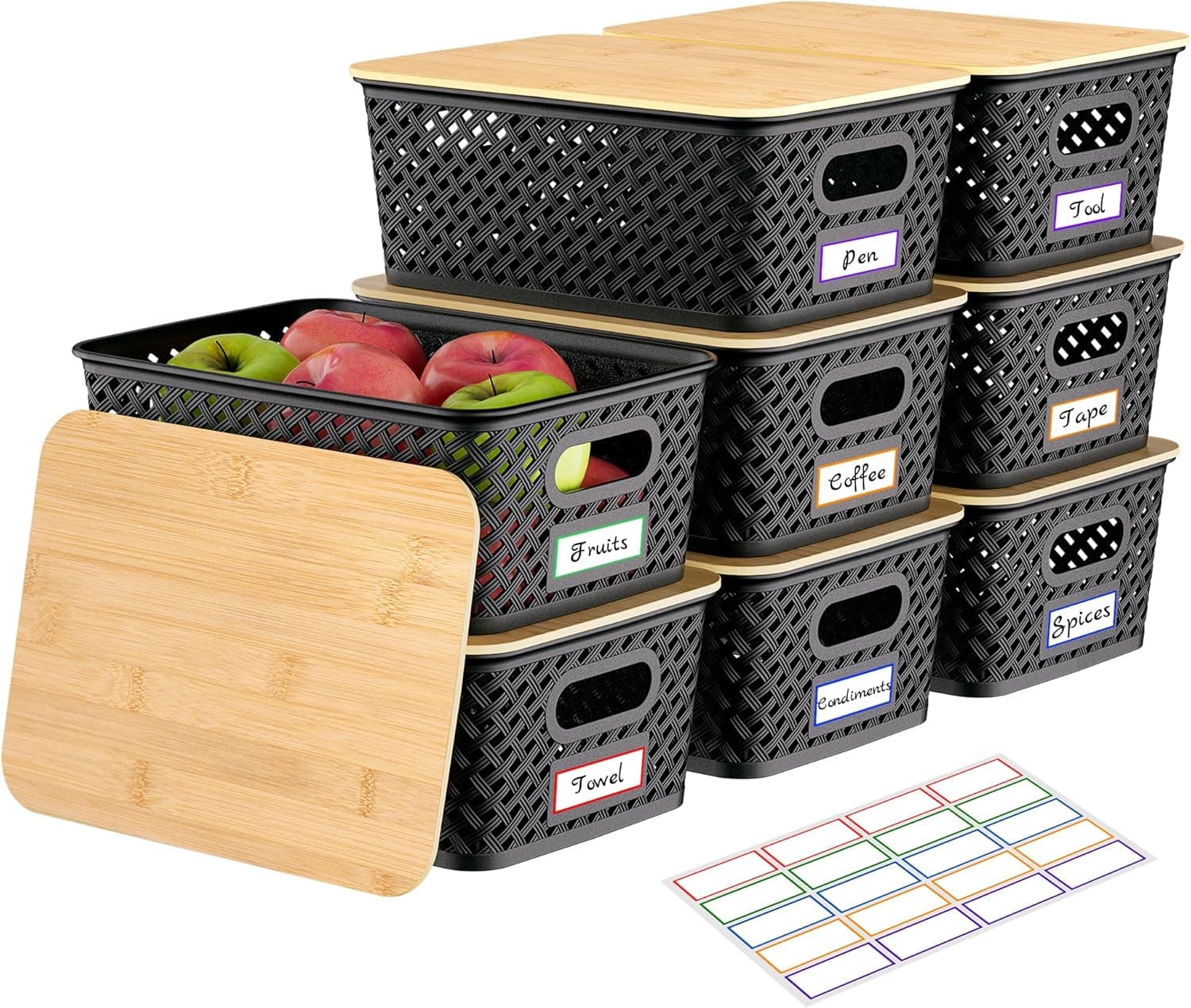 8 Packs Plastic Storage Bins with Bamboo Lids - Stackable Storage Bins Decorative Small Basket Containers for Organizing Shelves Office Classroom Desktop Closet, Black